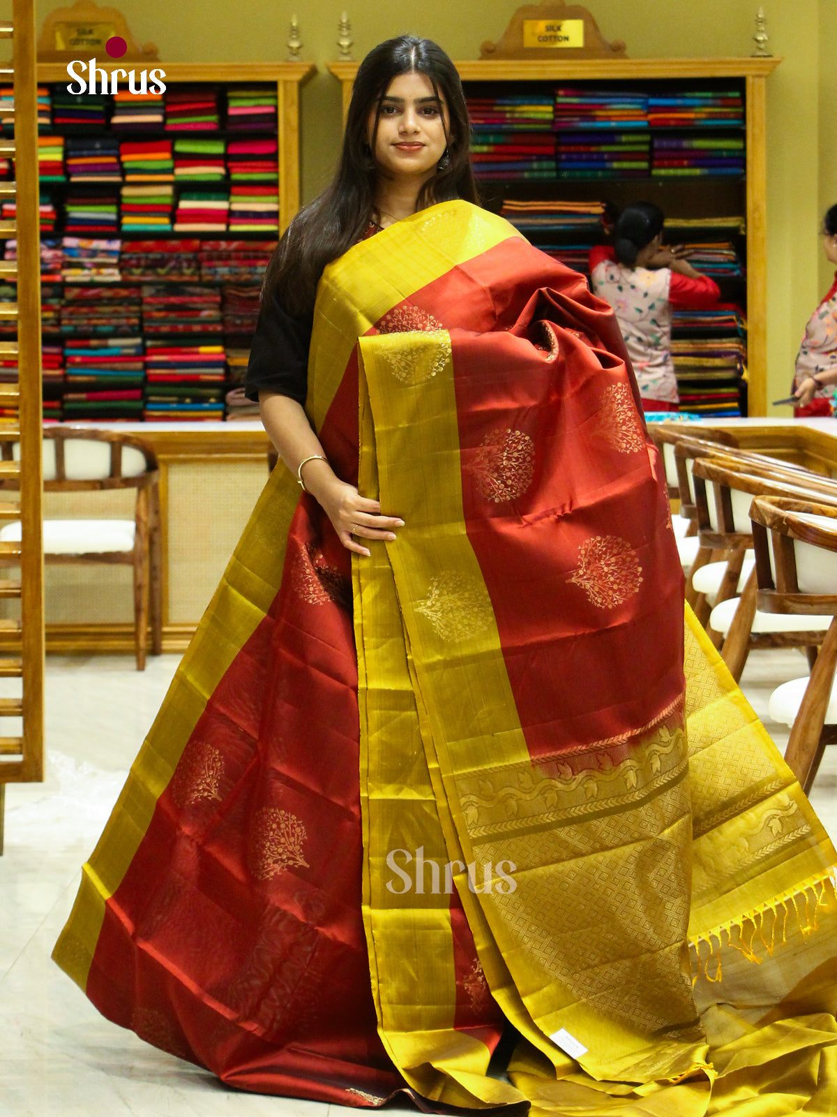 Red Soft Silk Saree with Floral Buttas | Mustard Contrast Border - Shop on Shrus.com