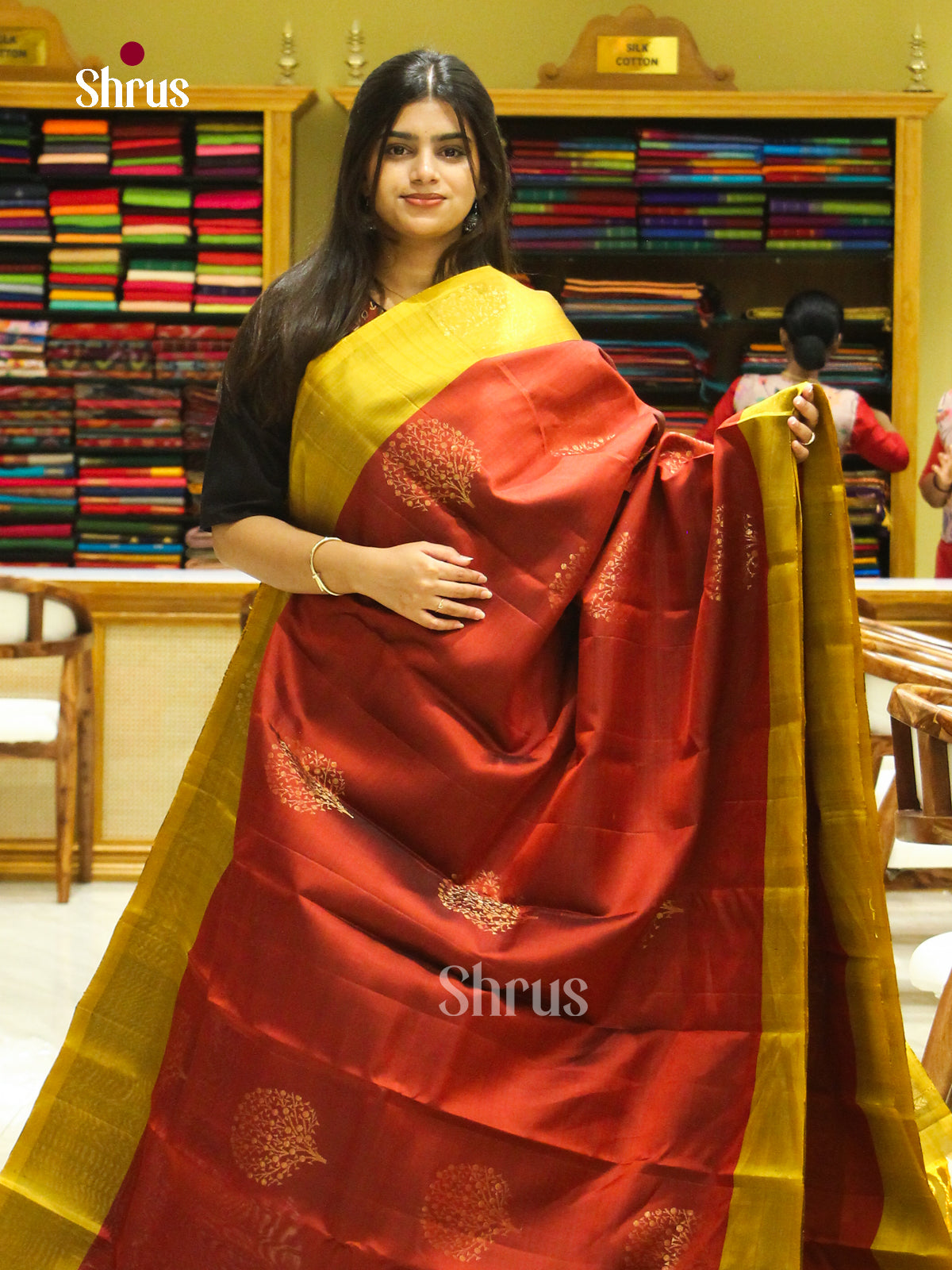 Red Soft Silk Saree with Floral Buttas | Mustard Contrast Border - Shop on Shrus.com