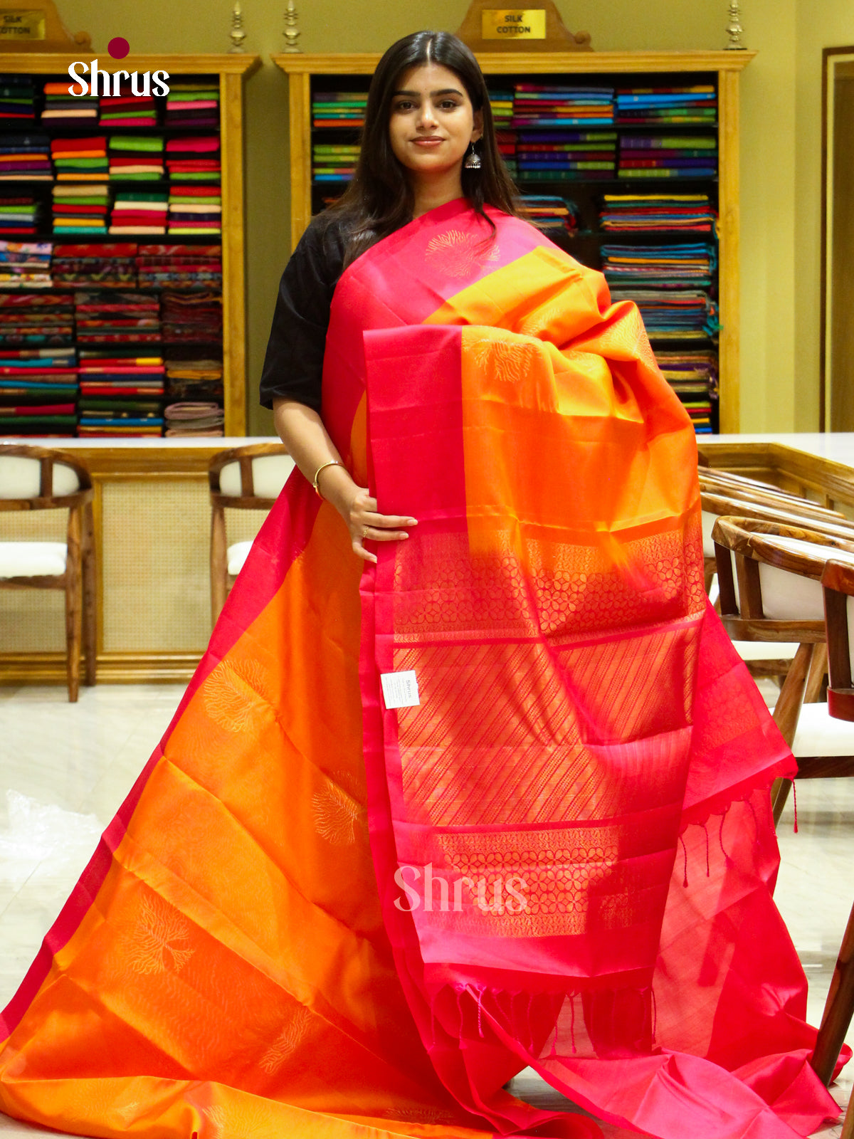 Orange Soft Silk Saree with Tree Buttas | Pink Contrast Border