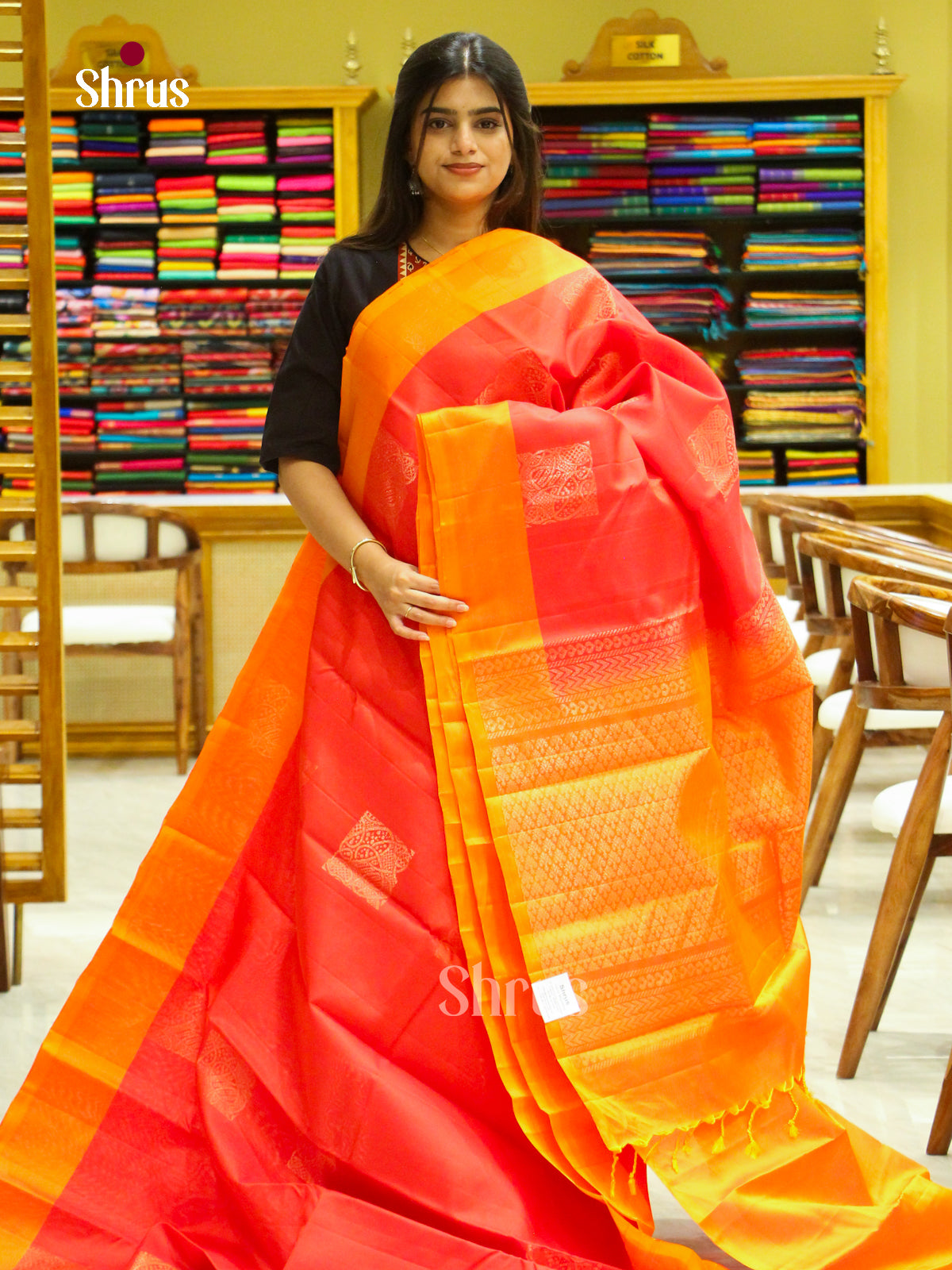 Red Soft Silk Saree with Square Buttas | Orange Contrast Border
