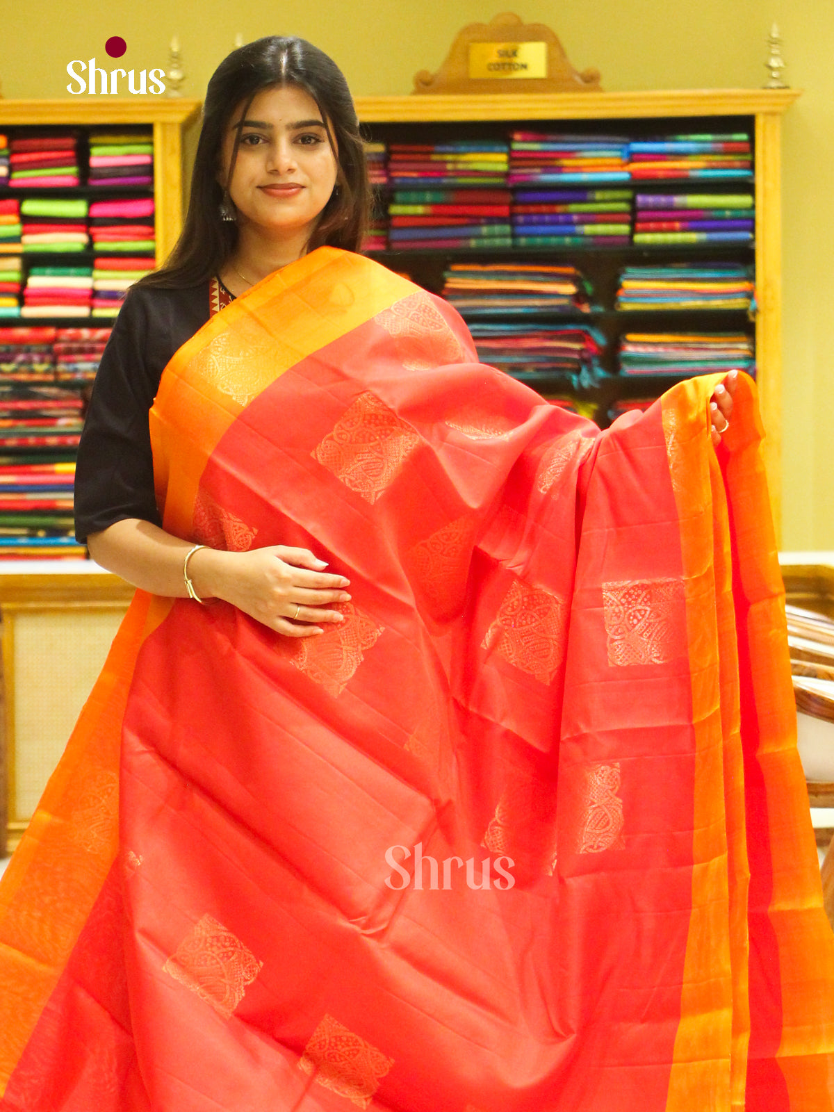 Red Soft Silk Saree with Square Buttas | Orange Contrast Border