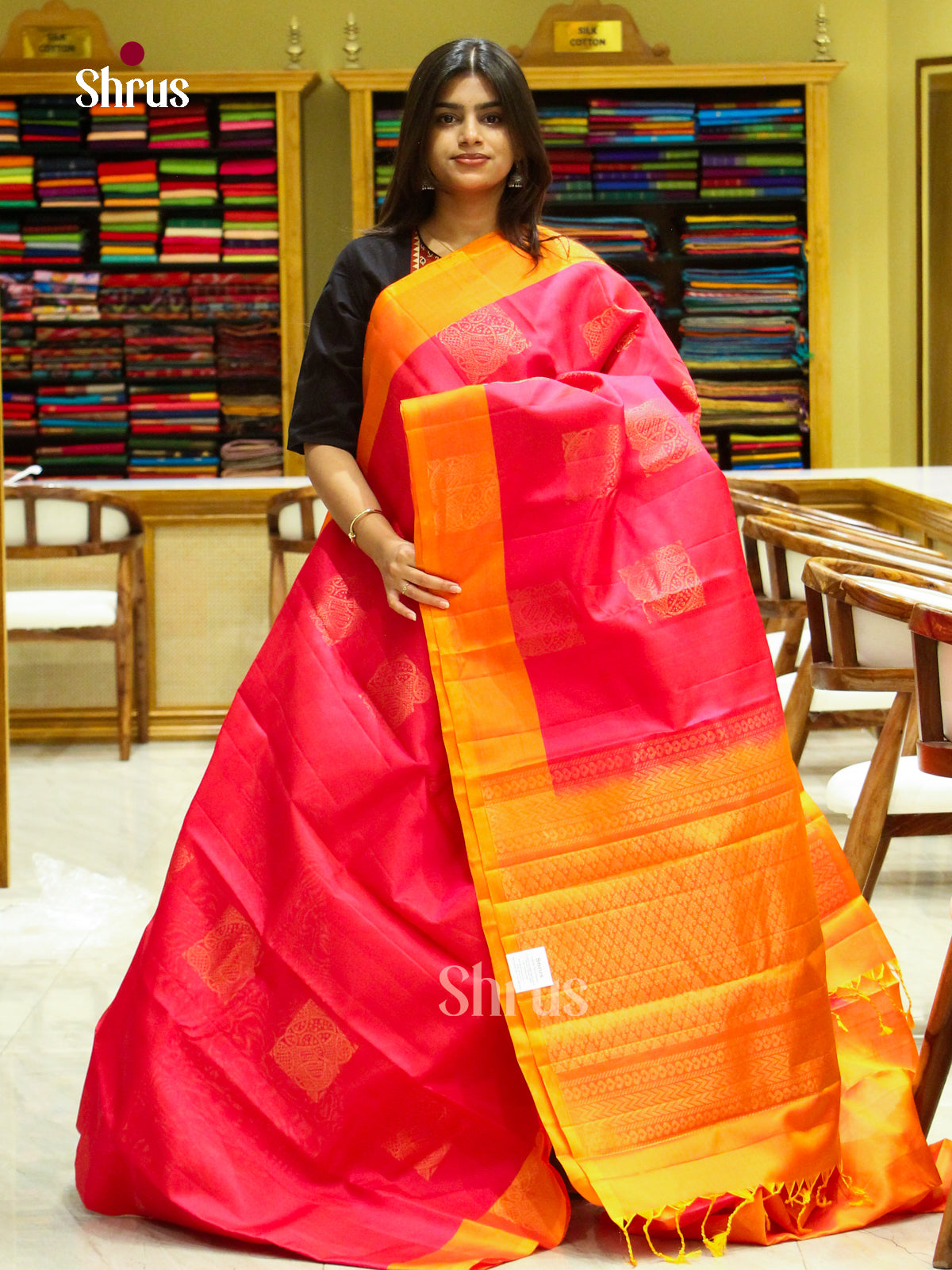 Pink Soft Silk Saree with Square Buttas | Orange Contrast Border - Shop on Shrus.com