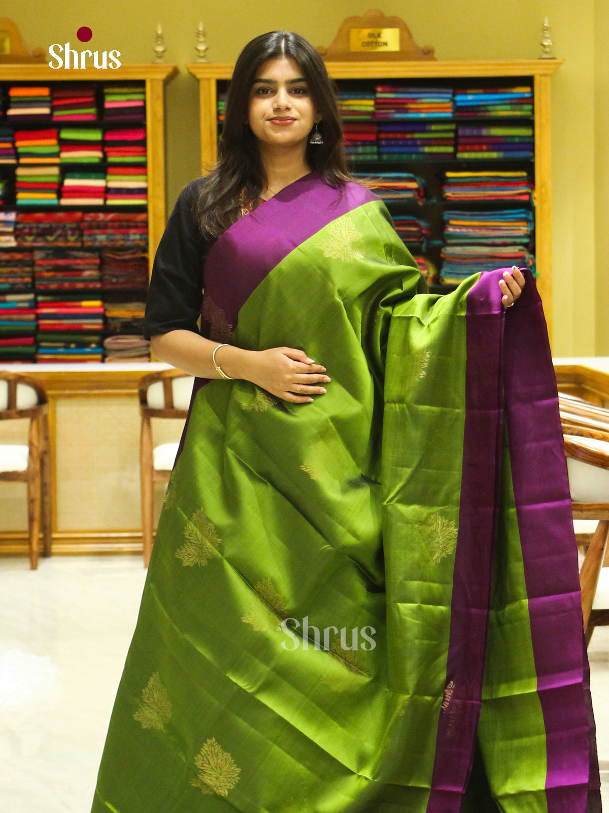 Green Soft Silk Saree with Leaf Buttas | Purple Contrast Border - Shop on Shrus.com