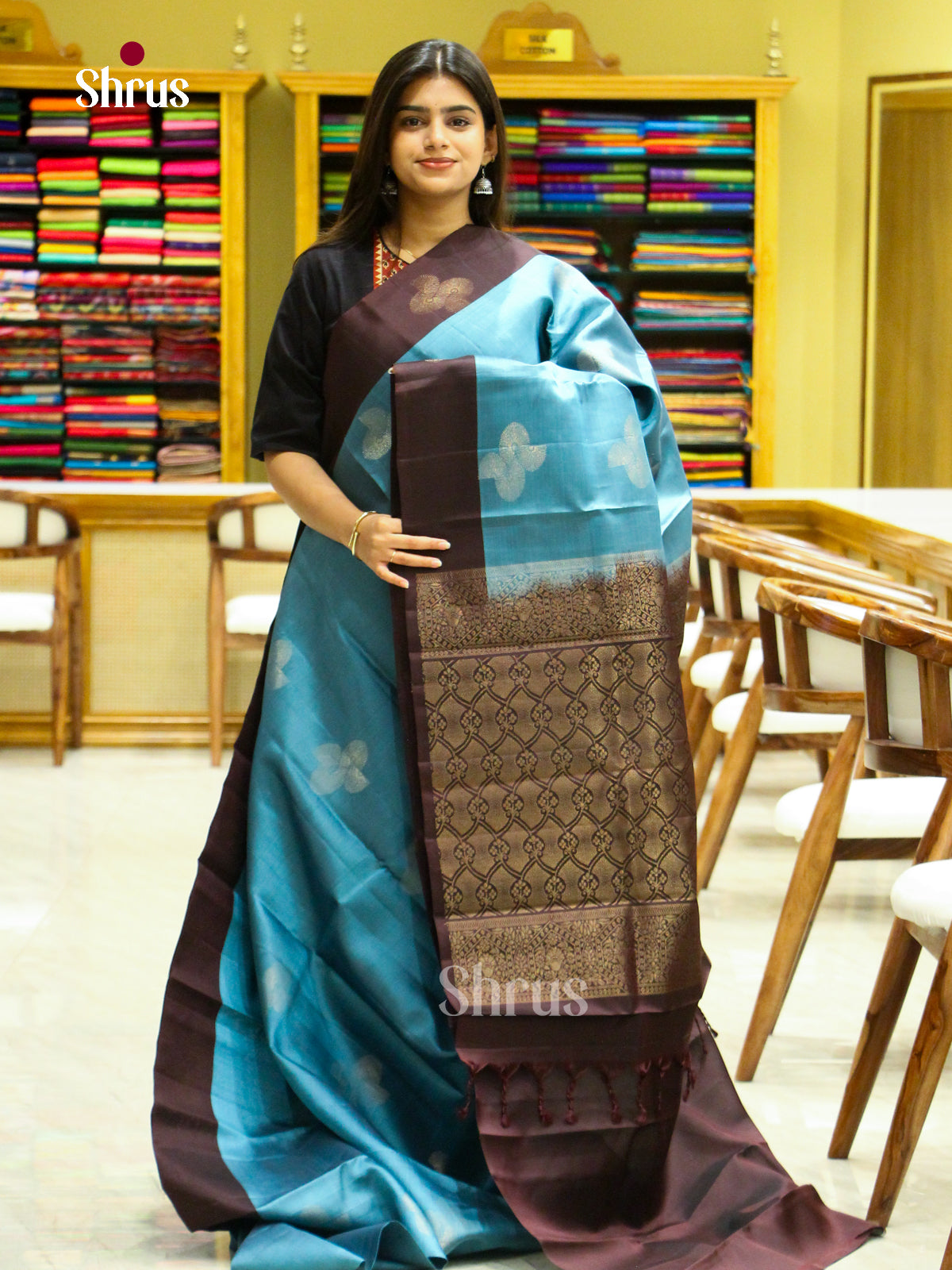 Sea Green Halfpure Soft Silk Saree with Geometric Buttas | Dark Brown Contrast Border - Shop on Shrus.com