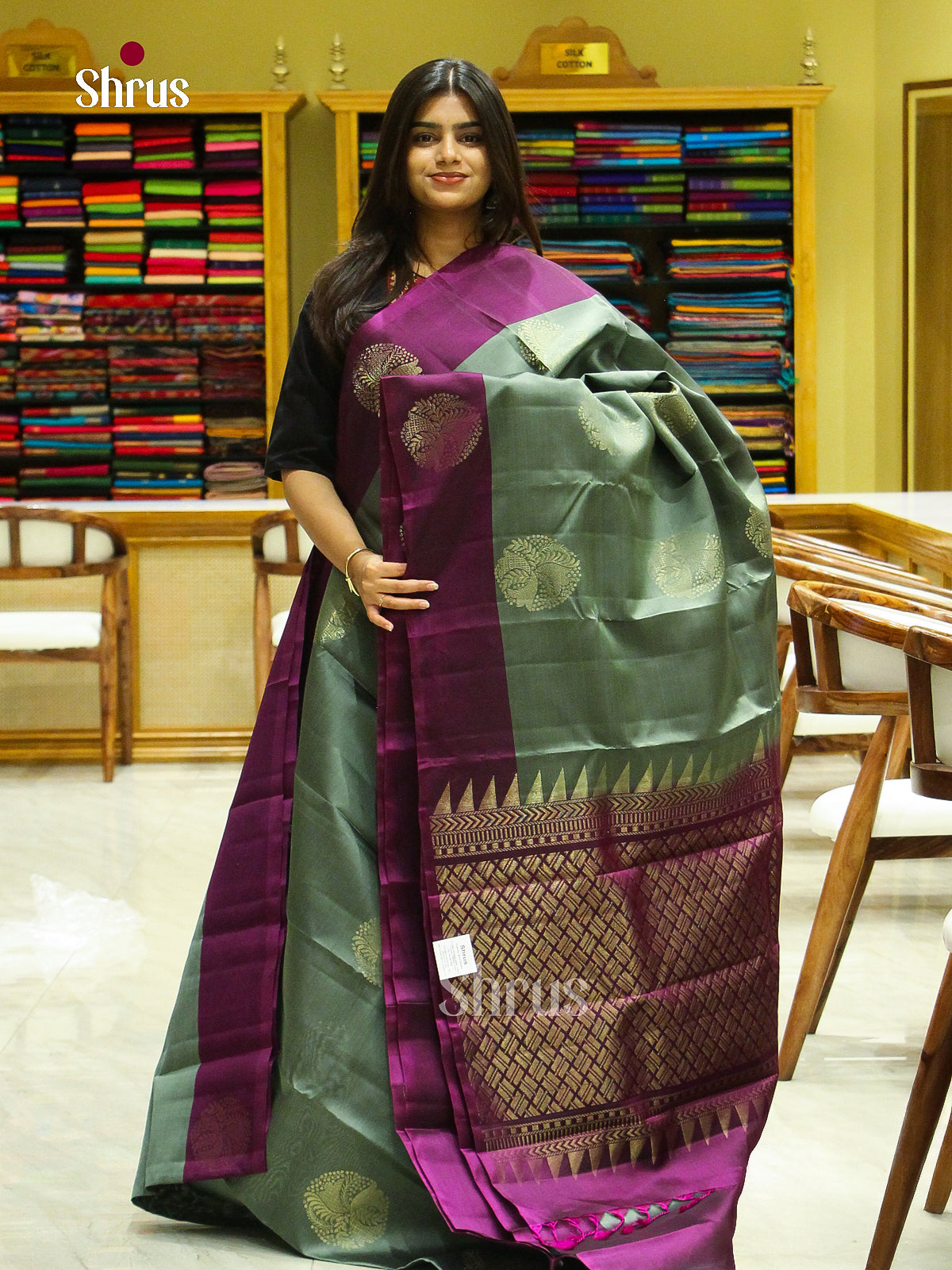 Olive Green Halfpure Soft Silk Saree with Floral Buttas | Purple Contrast Border