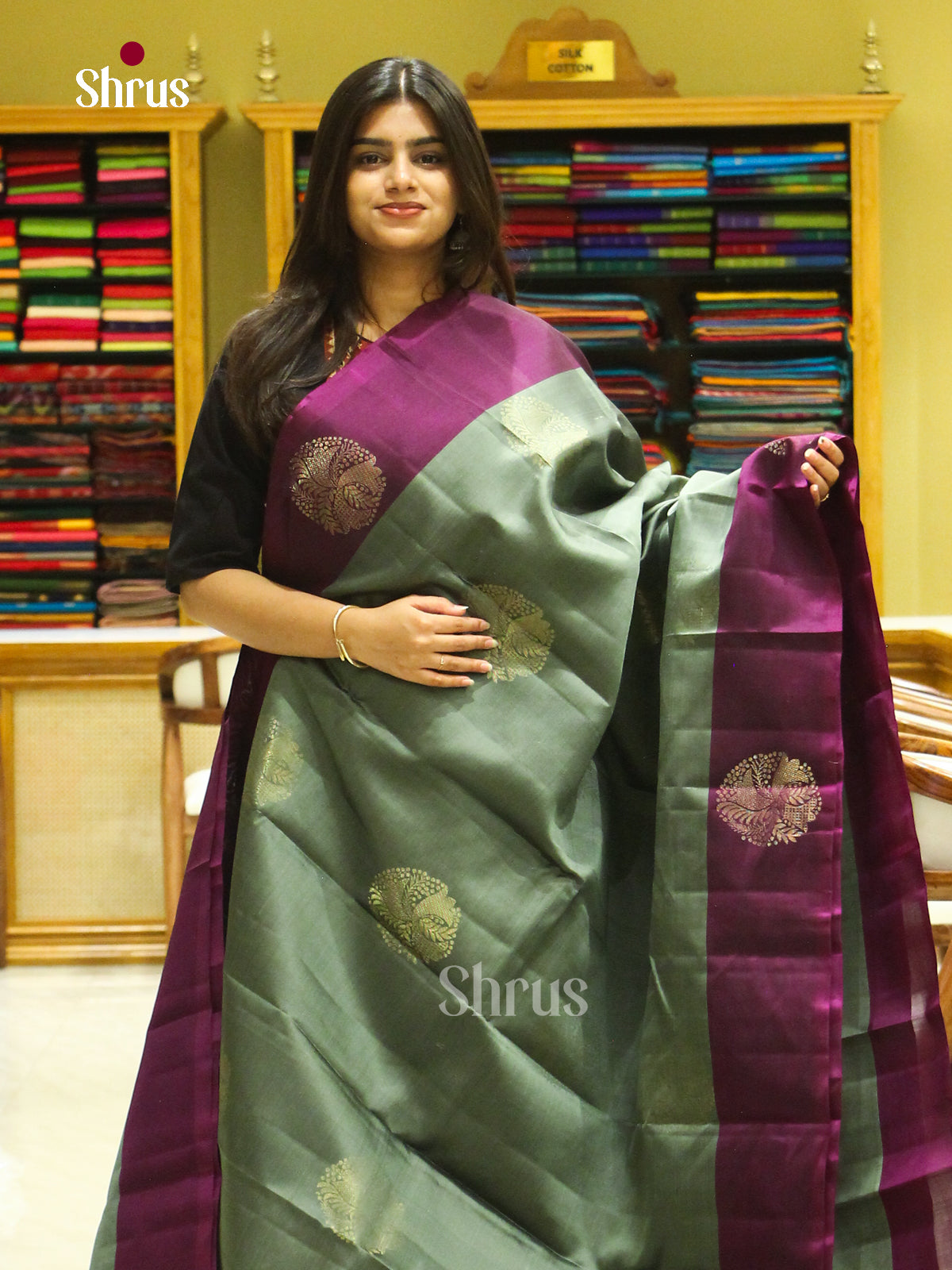 Olive Green Halfpure Soft Silk Saree with Floral Buttas | Purple Contrast Border