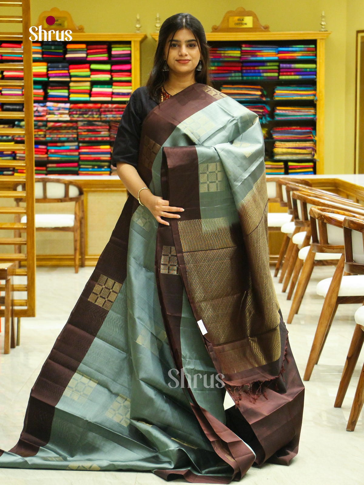 Sea Green Soft Silk Saree with Square Buttas | Maroon Contrast Border - Shop on Shrus.com