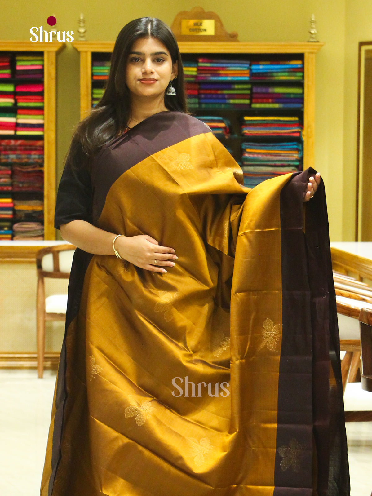 Mustard Halfpure Soft Silk Saree with Leaf Buttas | Dark Brown Contrast Border