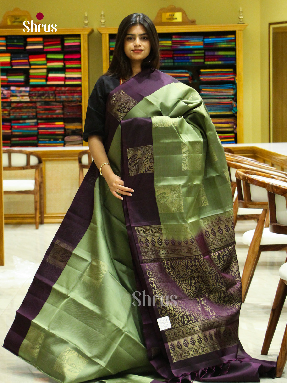 Olive Green Soft Silk Saree with Square Buttas | Wine Contrast Border - Shop on Shrus.com