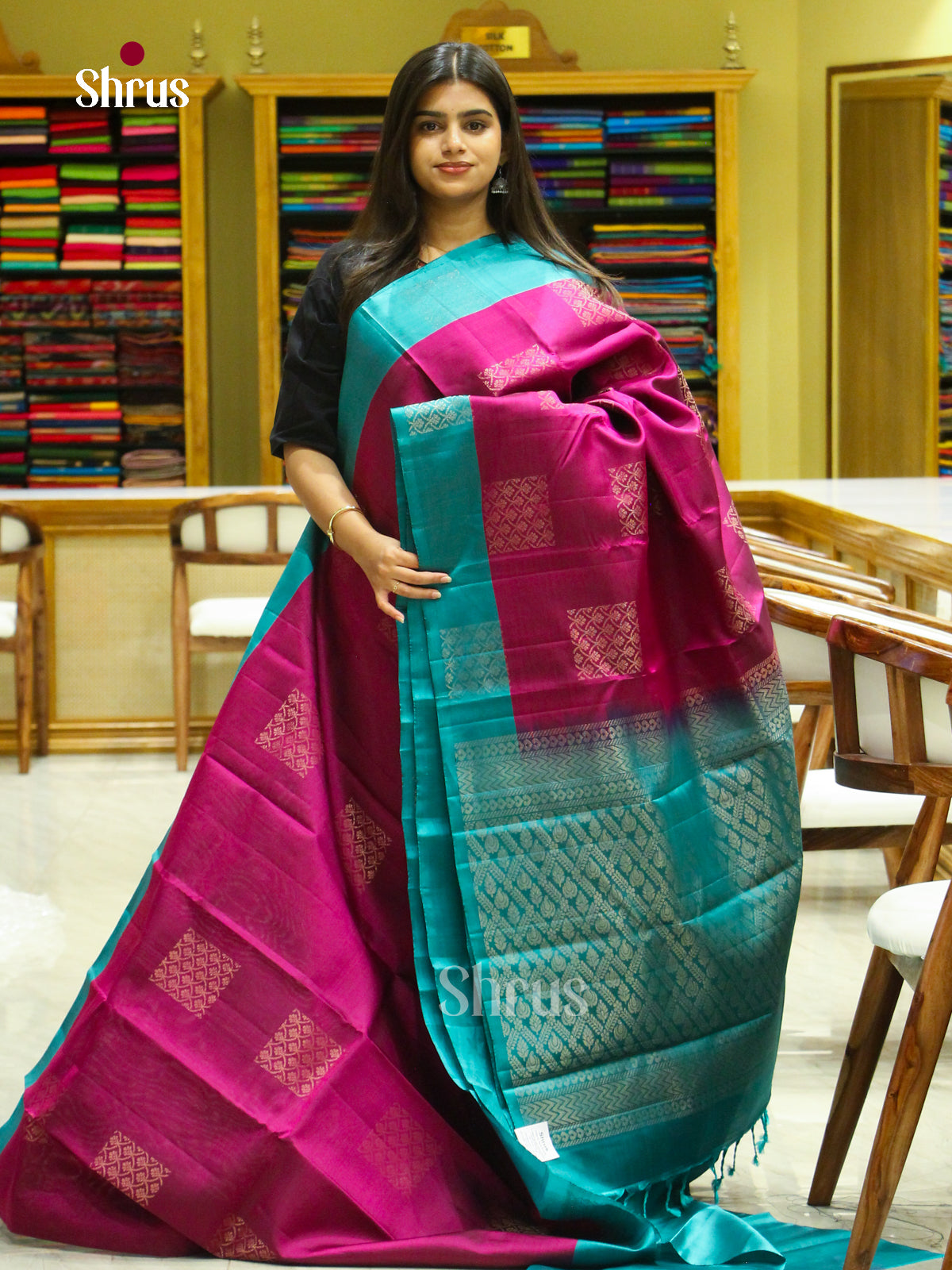 Violet Halfpure Soft Silk Saree with Square Buttas | Teal Blue Contrast Border - Shop on Shrus.com