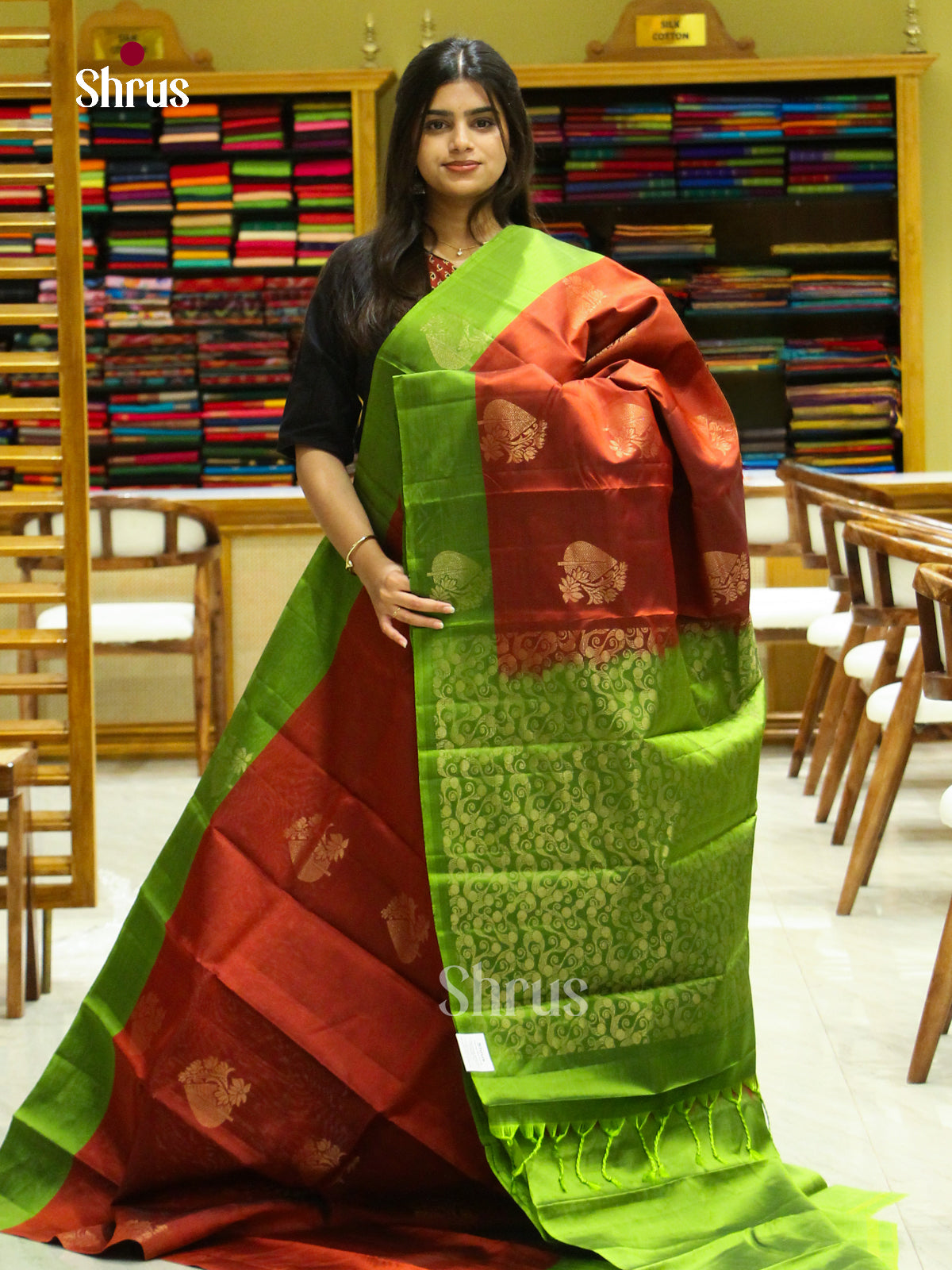 Dark Brown Halfpure Soft Silk Saree with Square Buttas | Light Green Contrast Border