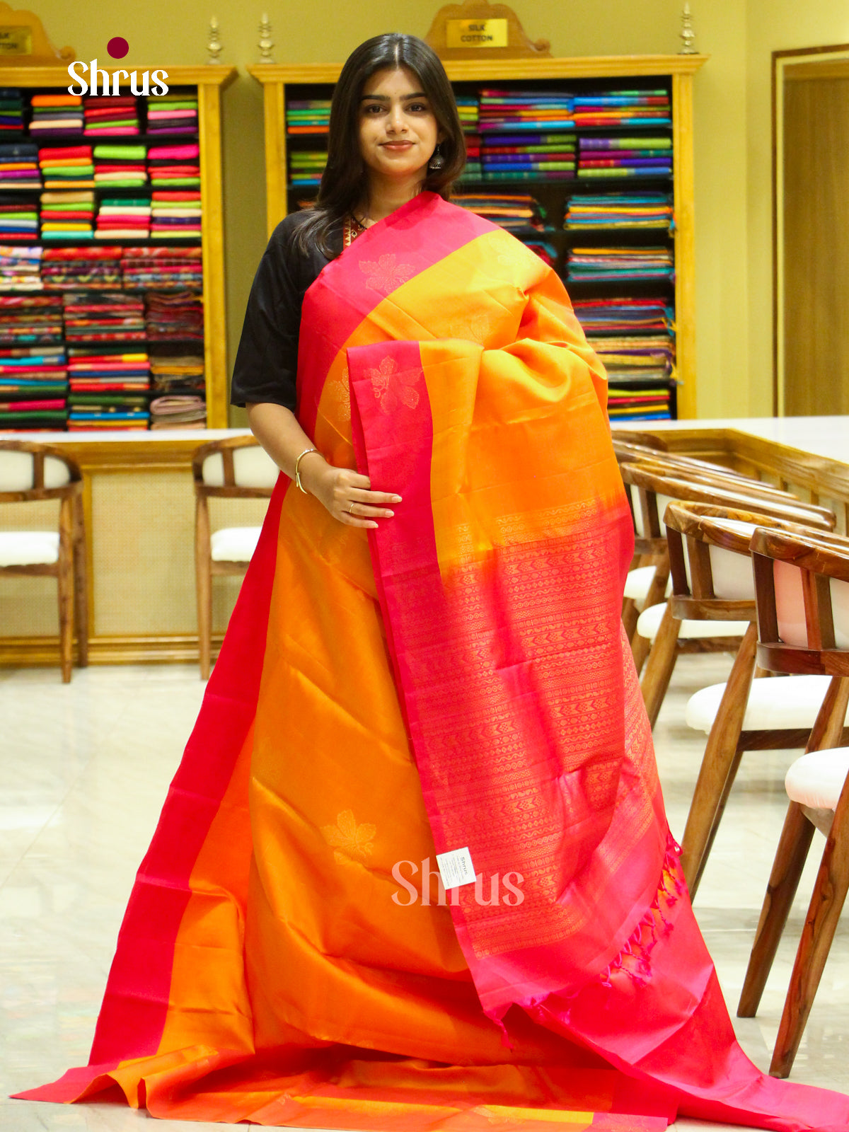 Orange Halfpure Soft Silk Saree with Floral Buttas | Pink Contrast Border - Shop on Shrus.com