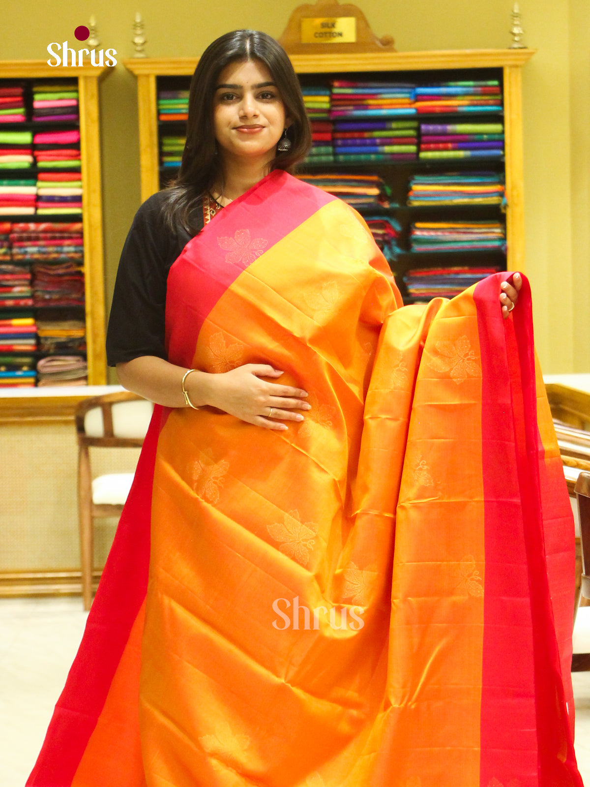 Orange Halfpure Soft Silk Saree with Floral Buttas | Pink Contrast Border - Shop on Shrus.com