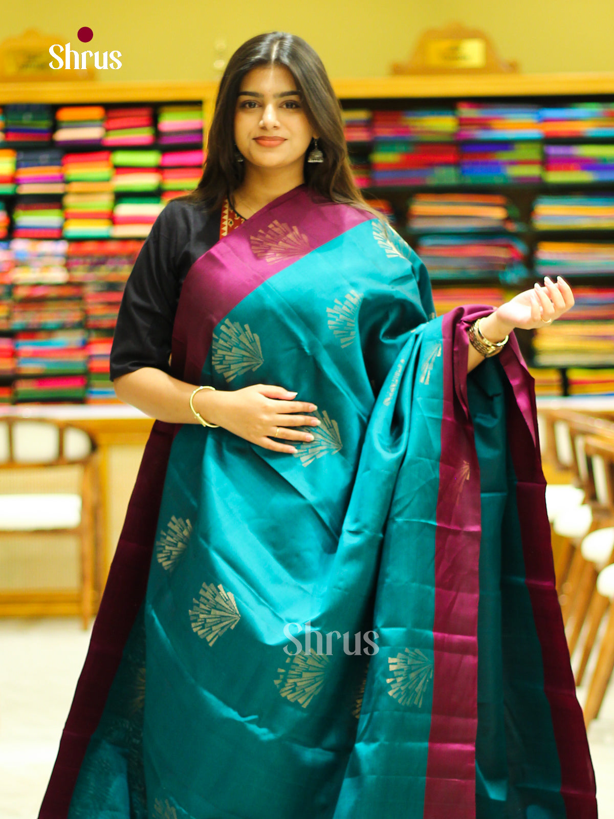 Dark Green Halfpure Soft Silk Saree with Geometric Buttas | Magenta Contrast Border - Shop on Shrus.com