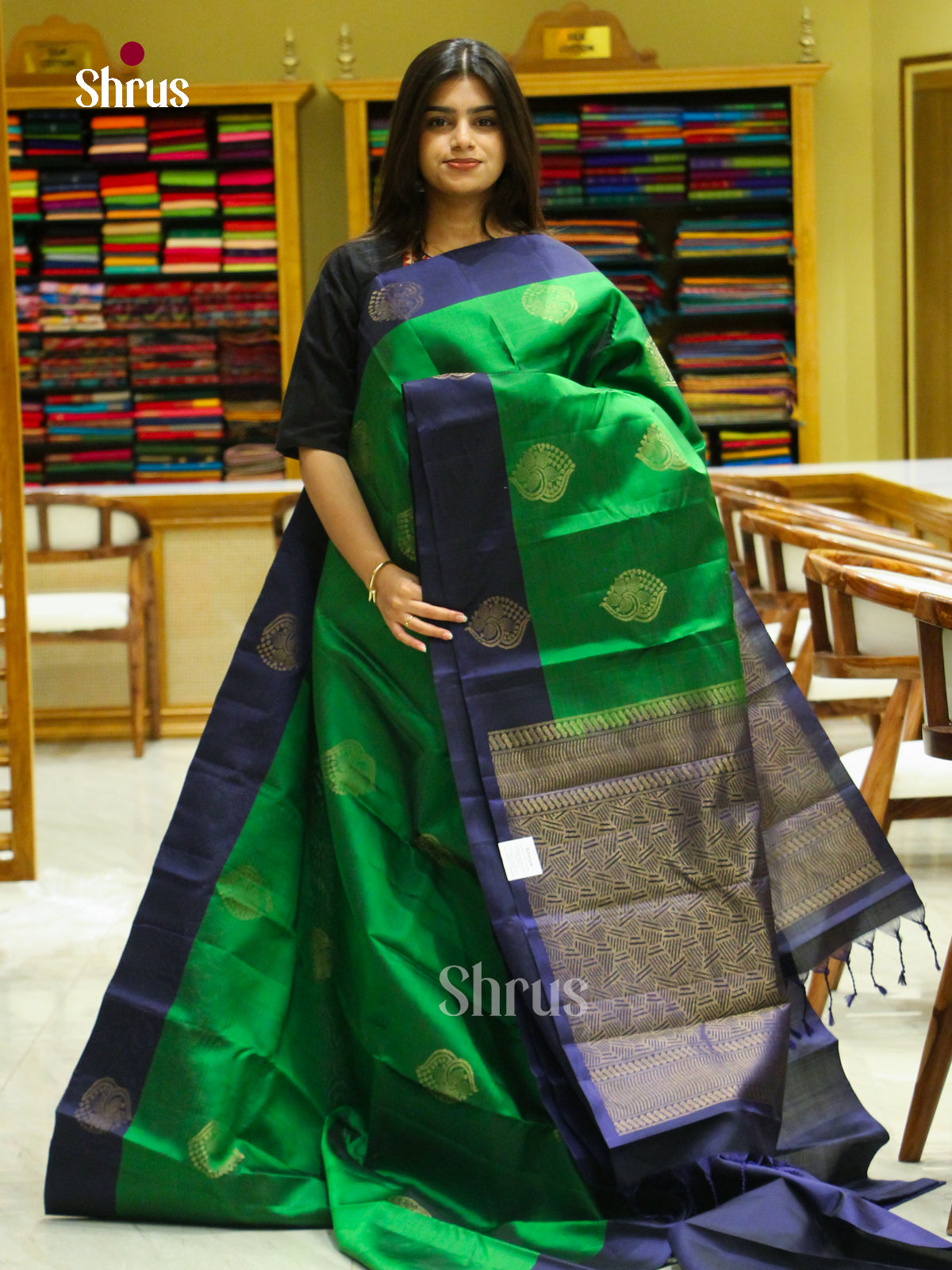 Green Halfpure Soft Silk Saree with Floral Buttas | Navy Blue Contrast Border - Shop on Shrus.com