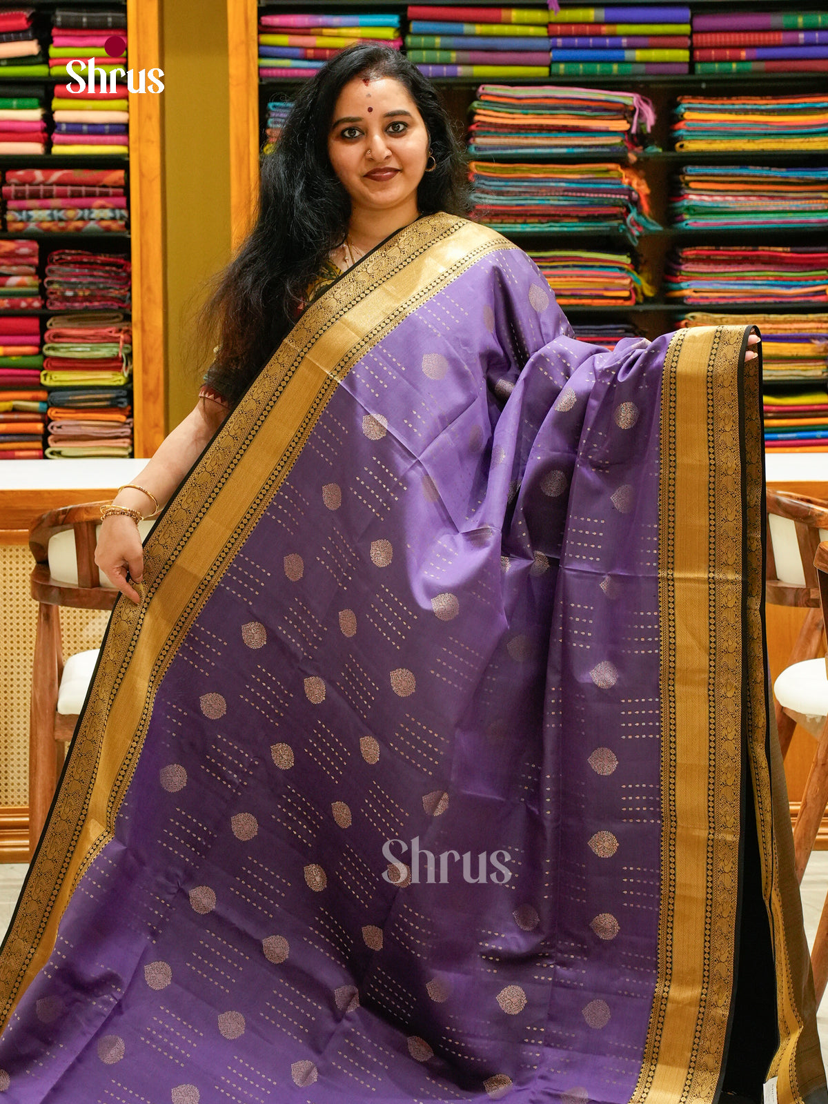 Lavender Soft Silk Saree with Thilagam Buttas | Black Contrast Border — EFS25145 - Shop on Shrus.com