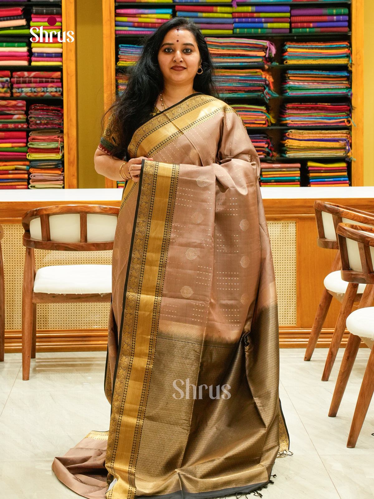Brown Soft Silk Saree with Thilagam Buttas | Black Contrast Border - Shop on Shrus.com