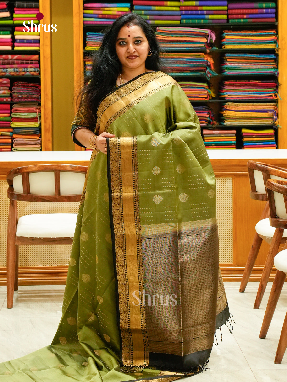 Olive Green Soft Silk Saree with Thilagam Buttas | Black Contrast Border