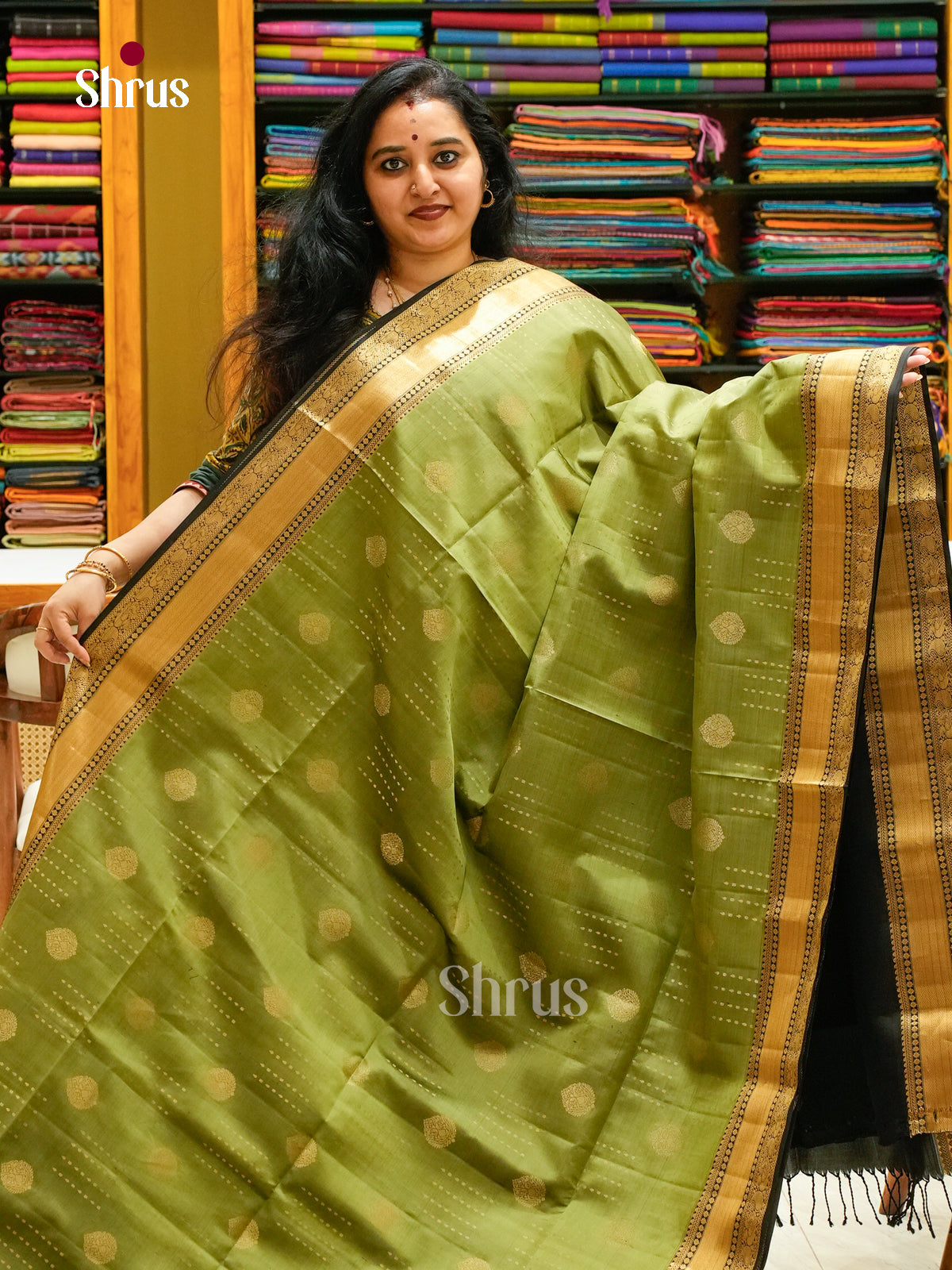 Olive Green Soft Silk Saree with Thilagam Buttas | Black Contrast Border