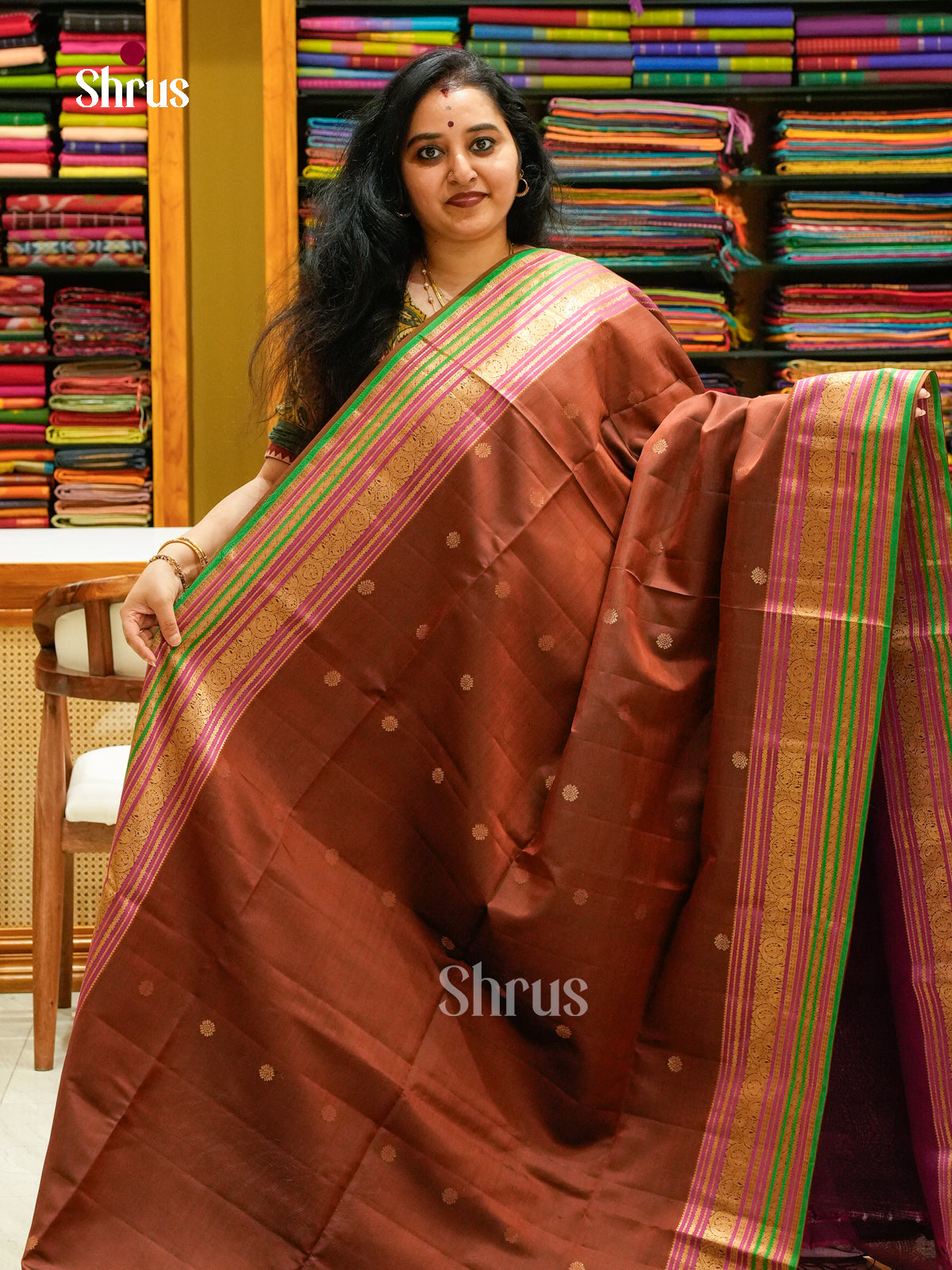 Brown Soft Silk Saree with Floral Buttas | Magenta Contrast Border - Shop on Shrus.com