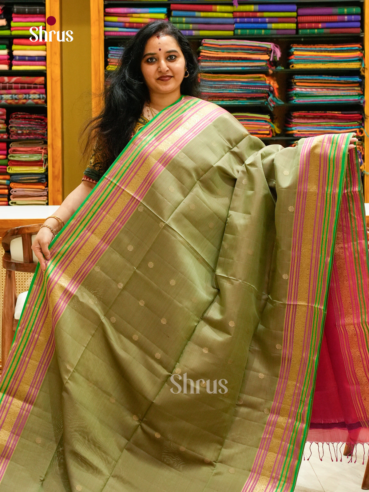 Olive Green Soft Silk Saree with Floral Buttas | Magenta Contrast Border
