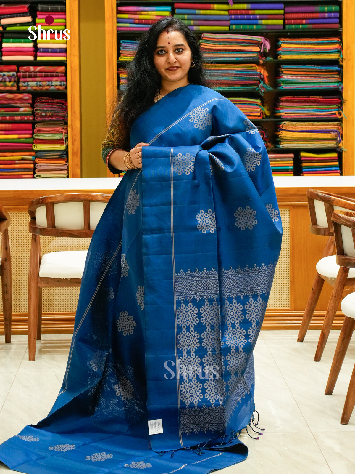 Peacock Blue Soft Silk Saree with Kolam - Shop on Shrus.com