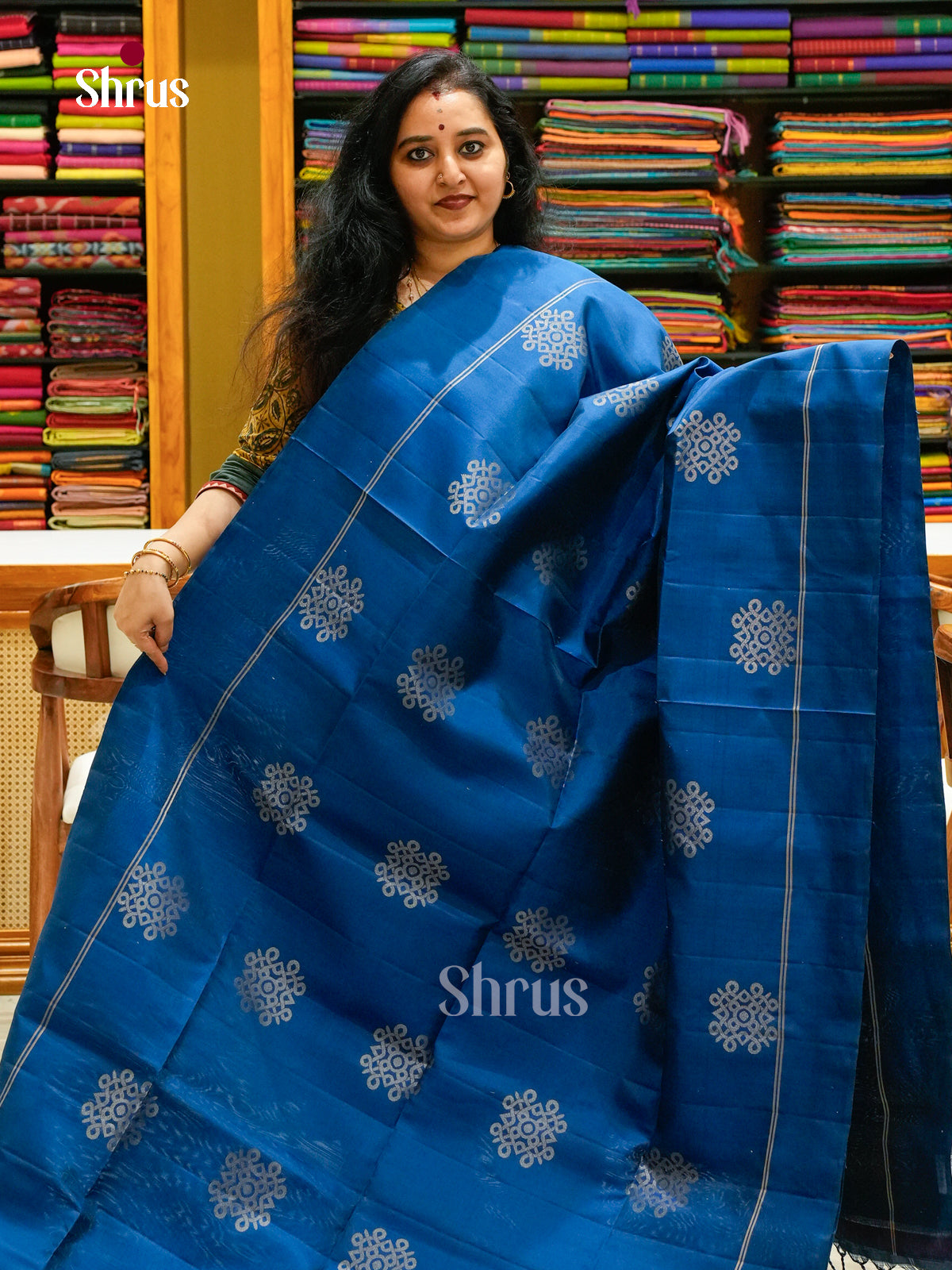 Peacock Blue Soft Silk Saree with Kolam - Shop on Shrus.com