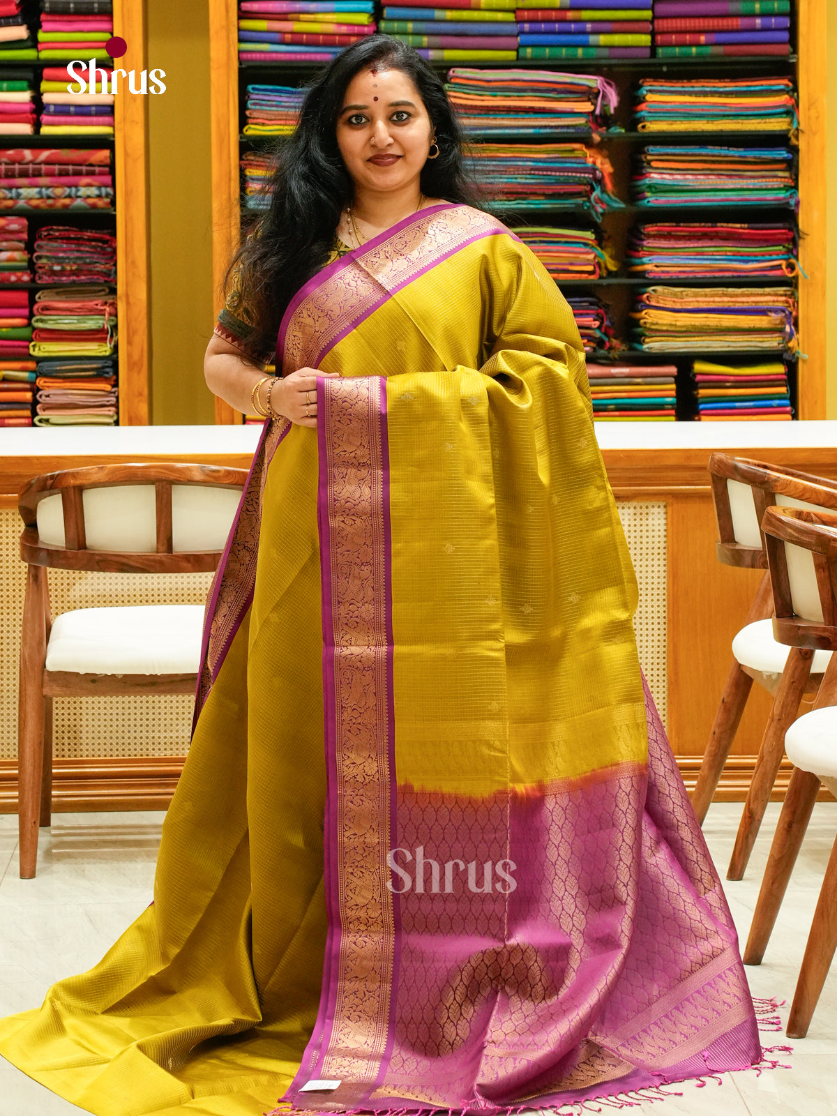 Mustard Soft Silk Saree with Floral Buttas | Magenta Contrast Border