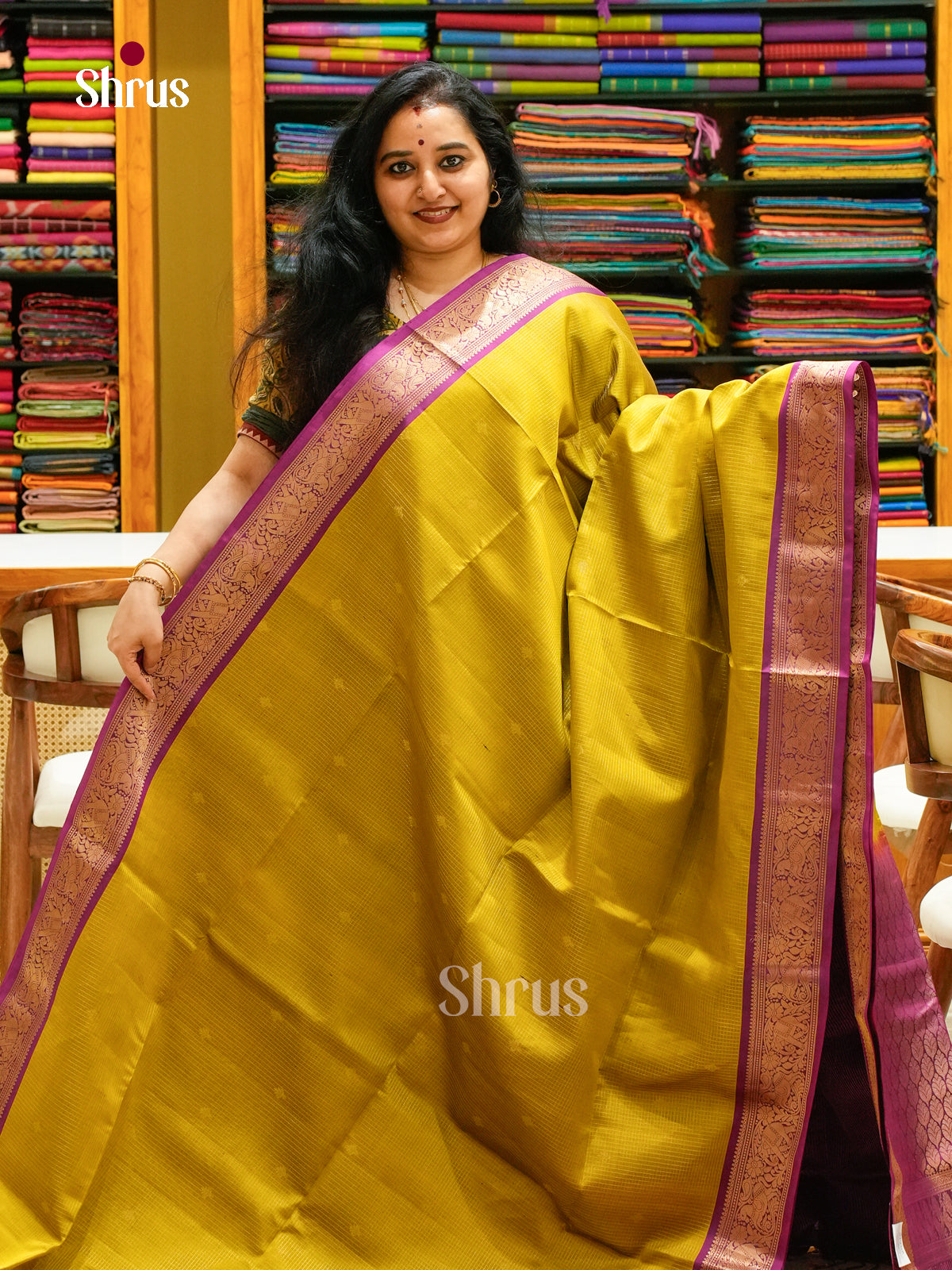Mustard Soft Silk Saree with Floral Buttas | Magenta Contrast Border