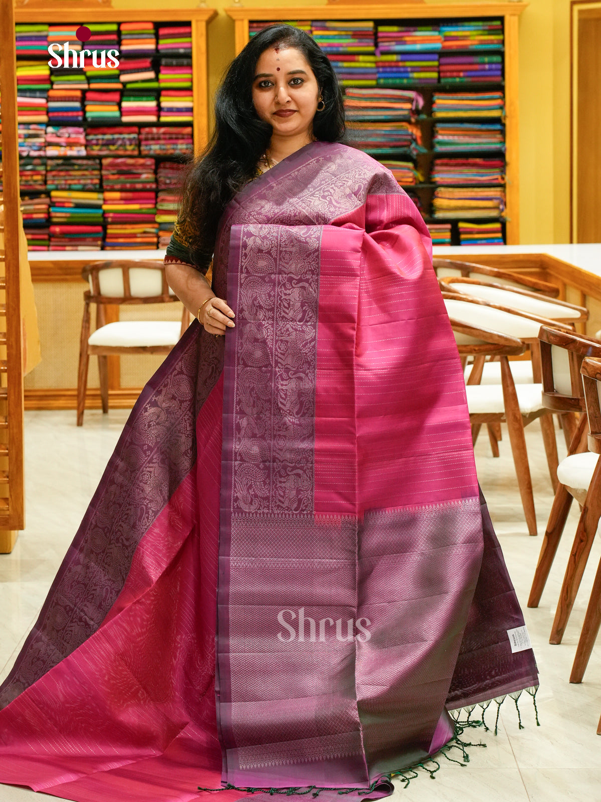 Pink Soft Silk Saree with Lines | Magenta Contrast Border