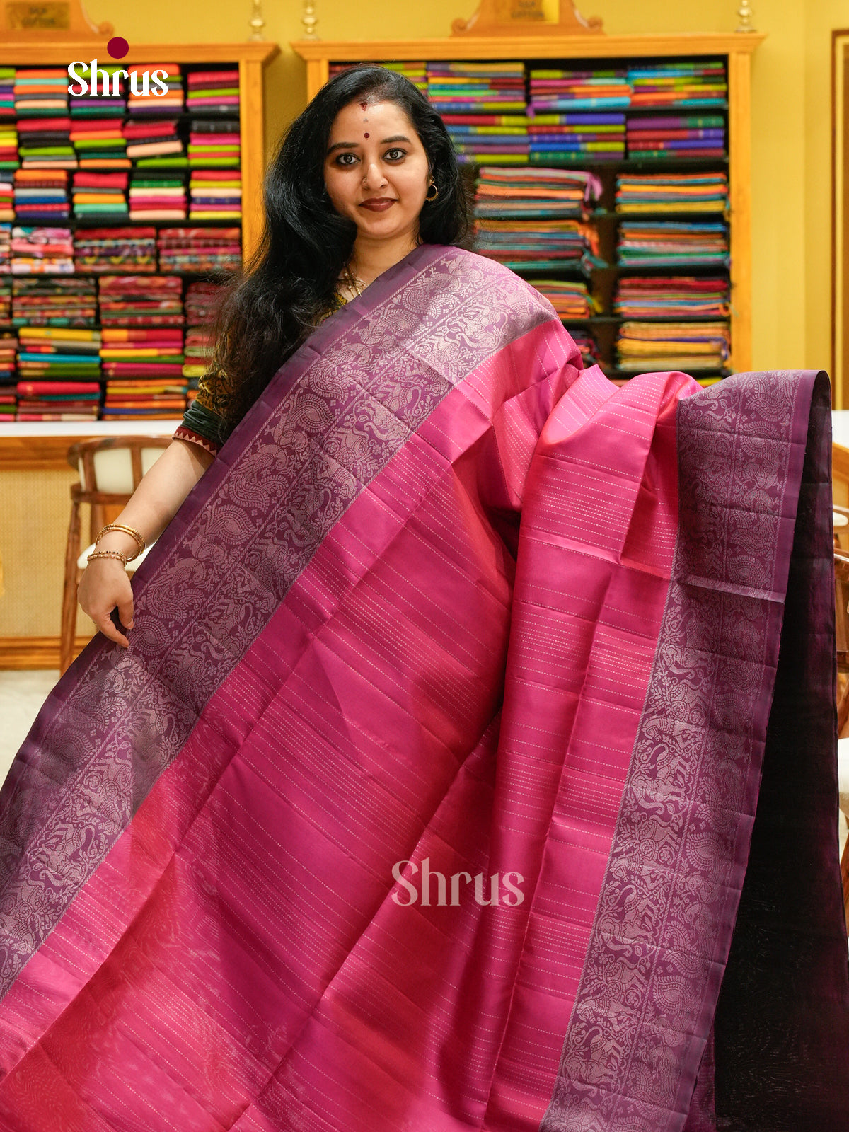 Pink Soft Silk Saree with Lines | Magenta Contrast Border