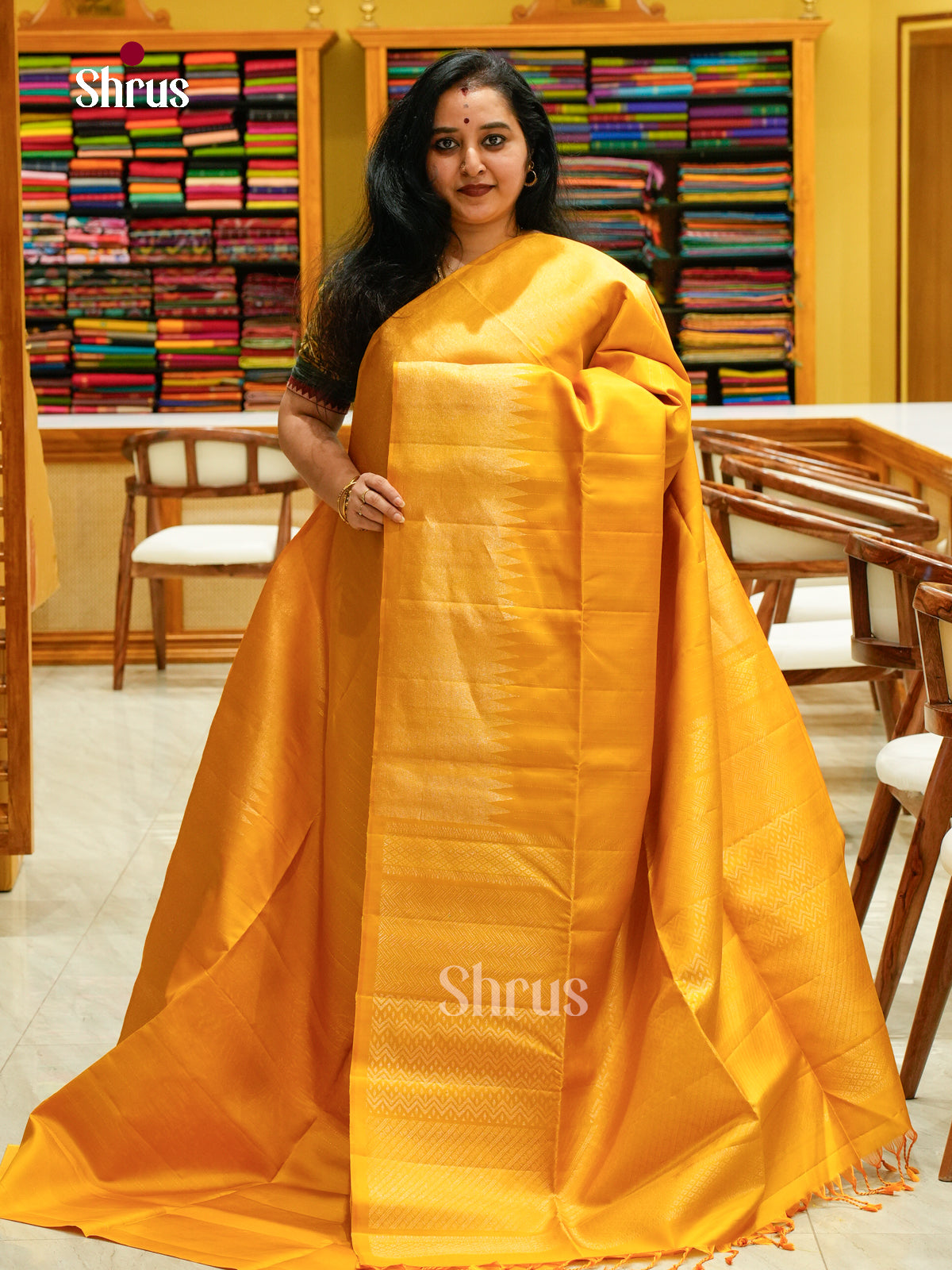 Mustard Soft Silk Saree with Lines - Shop on Shrus.com