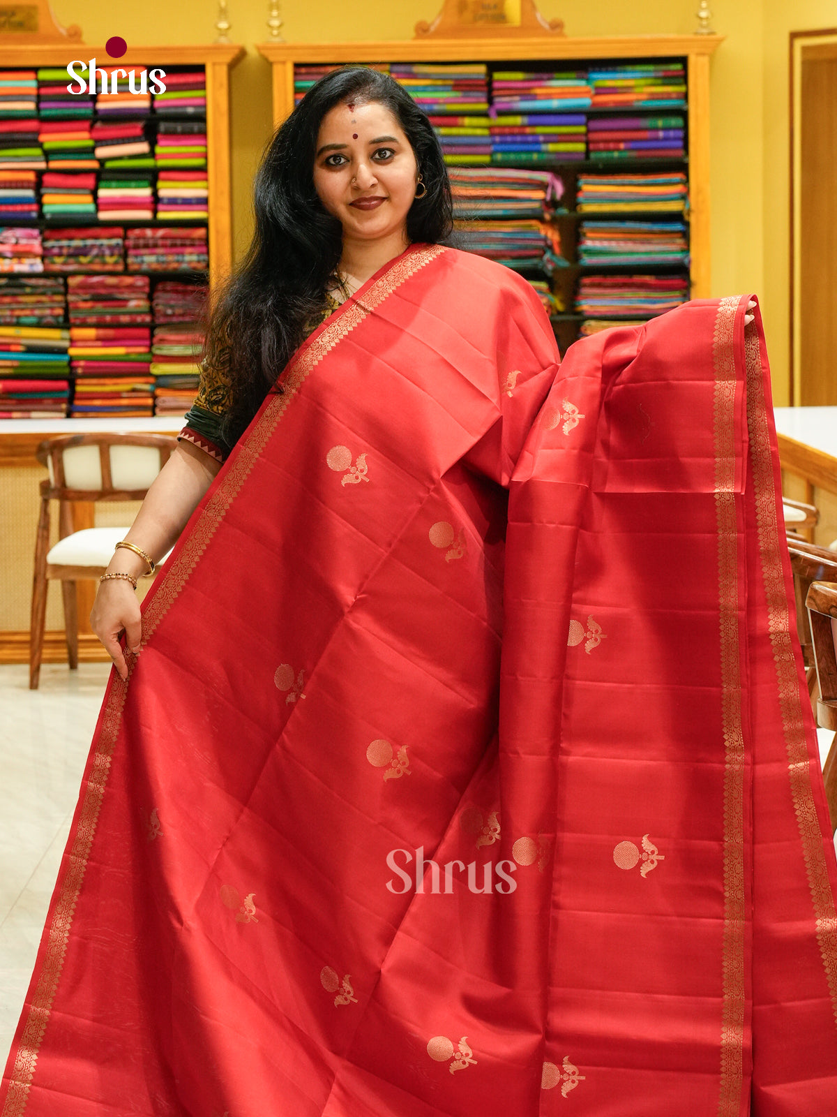 Dark Orange Soft Silk Saree with Round Zari Buttas