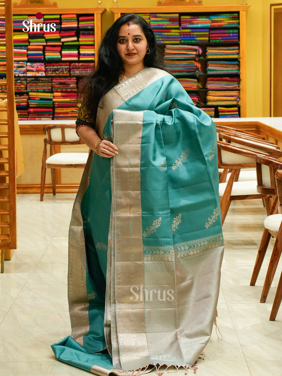 Teal Blue Soft Silk Saree with Leaf Buttas