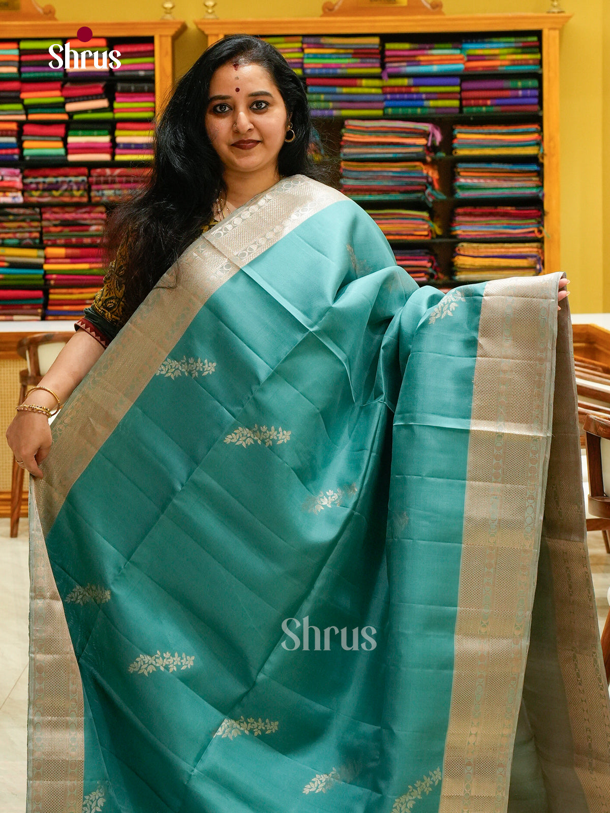 Teal Blue Soft Silk Saree with Leaf Buttas