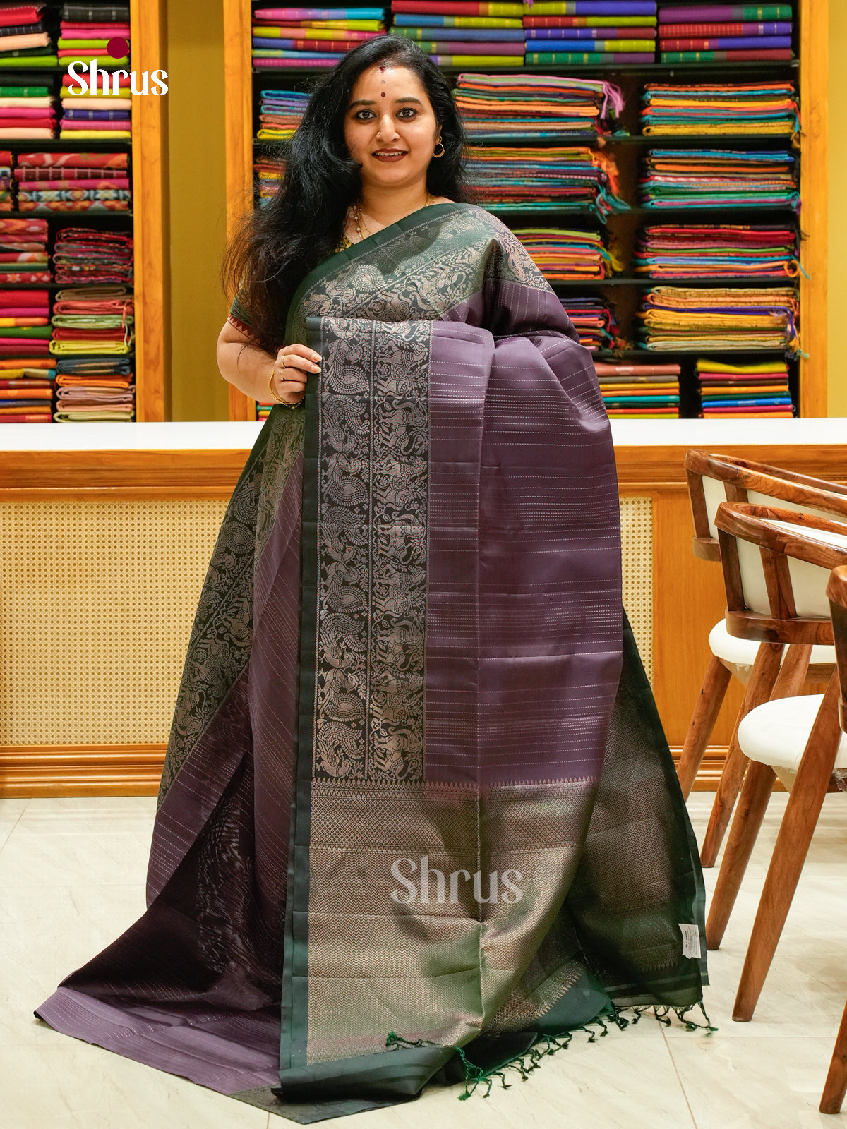 Mauve Soft Silk Saree with Lines | Dark Green Contrast Border - Shop on Shrus.com