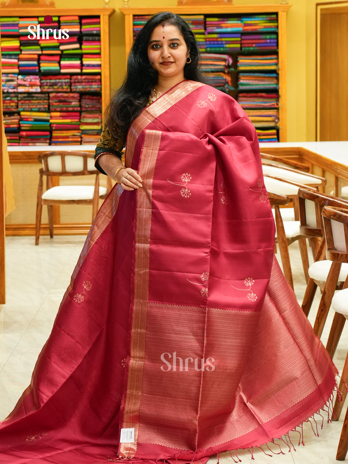 Maroon Soft Silk Saree with Leaf Buttas - Shop on Shrus.com