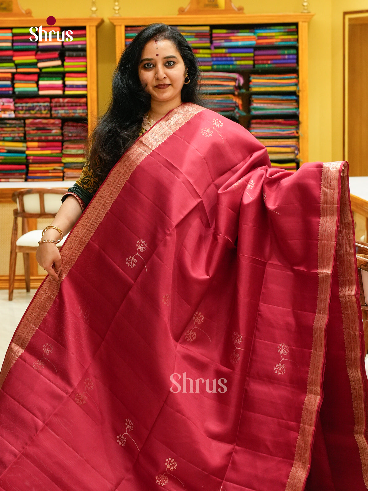 Maroon Soft Silk Saree with Leaf Buttas - Shop on Shrus.com