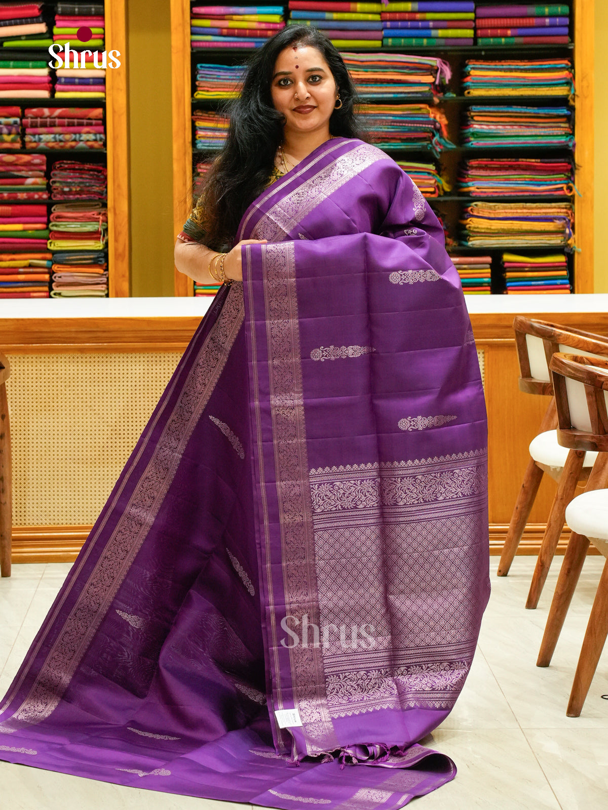 Violet Soft Silk Saree with Floral Buttas - Shop on Shrus.com