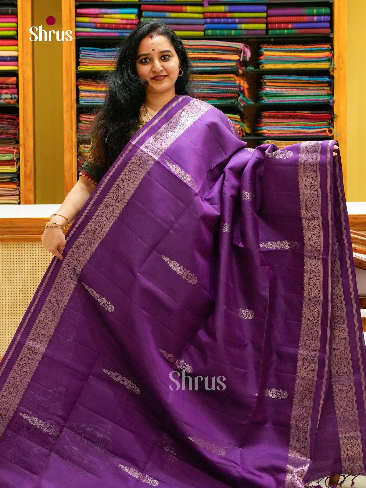 Violet Soft Silk Saree with Floral Buttas - Shop on Shrus.com