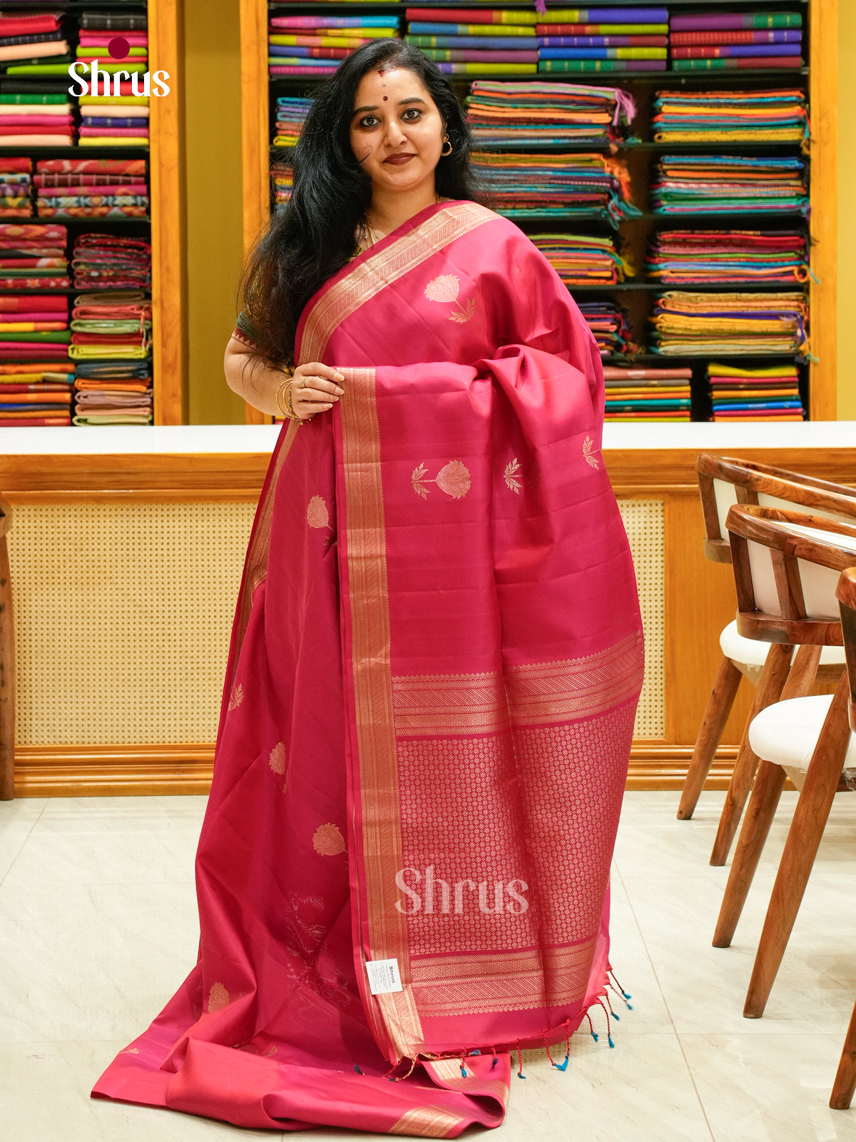 Rani Pink Soft Silk Saree with Floral Buttas - Shop on Shrus.com