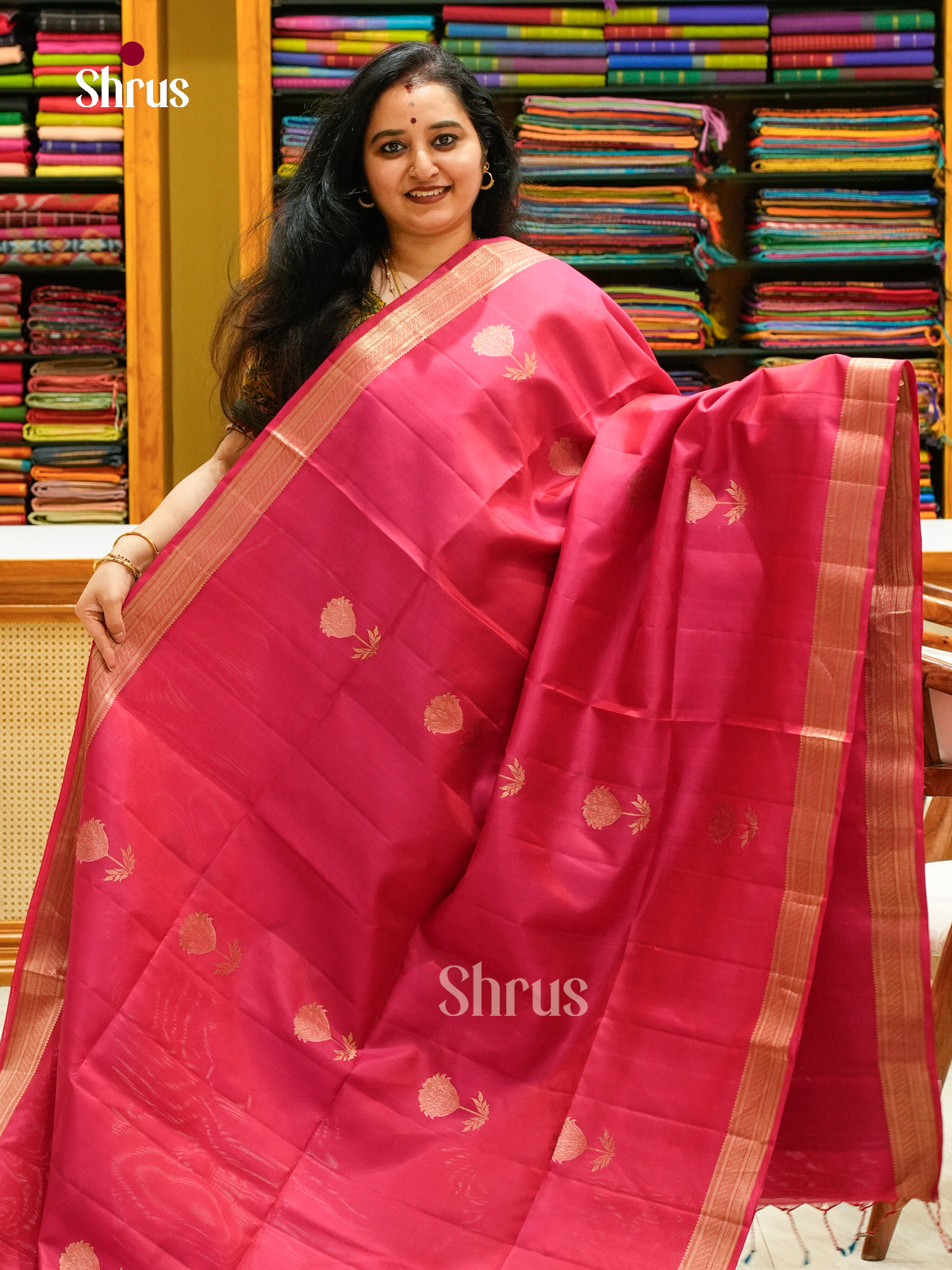 Rani Pink Soft Silk Saree with Floral Buttas - Shop on Shrus.com