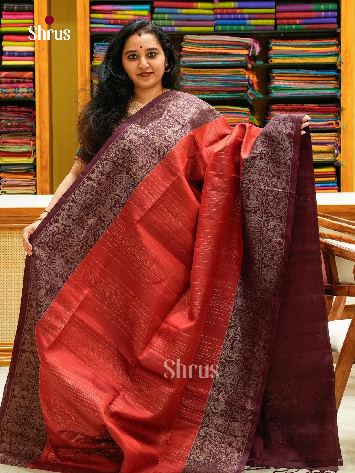 Rust Orange Soft Silk Saree with Lines | Magenta Contrast Border