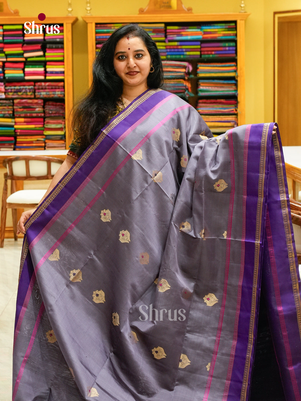 Silver Grey Soft Silk Saree with Peacock Buttas | Purple Self Border - Shop on Shrus.com