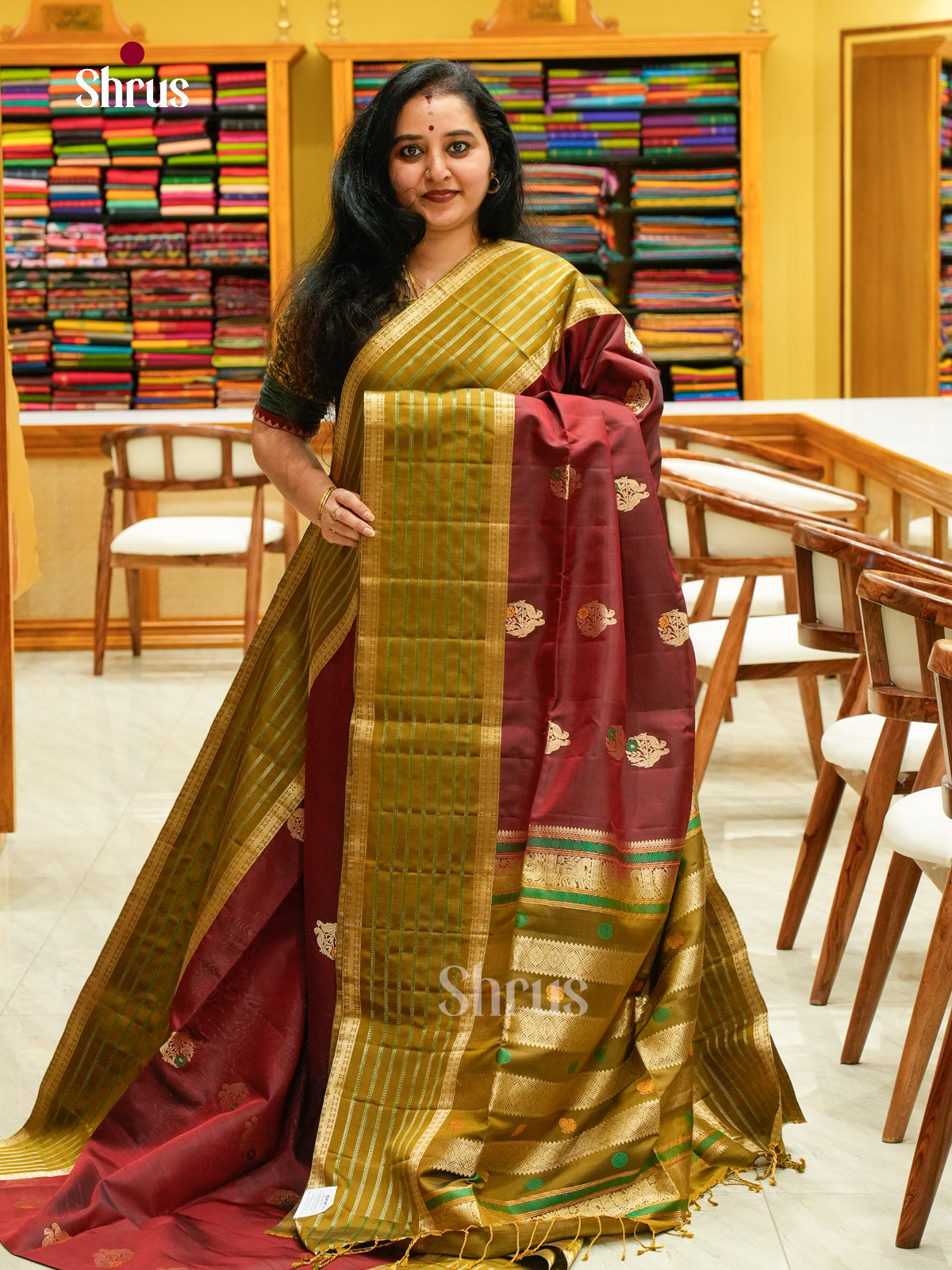 Dark Maroon Soft Silk Saree with Parrot Buttas | Olive Green Self Border
