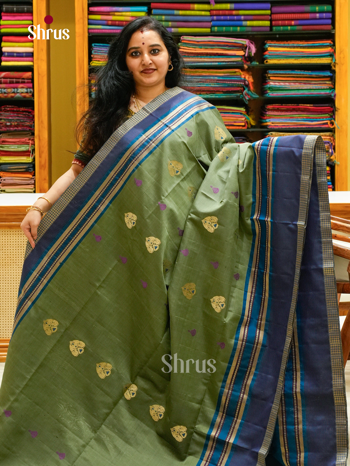Olive Green Soft Silk Saree with Peacock Buttas - Shop on Shrus.com