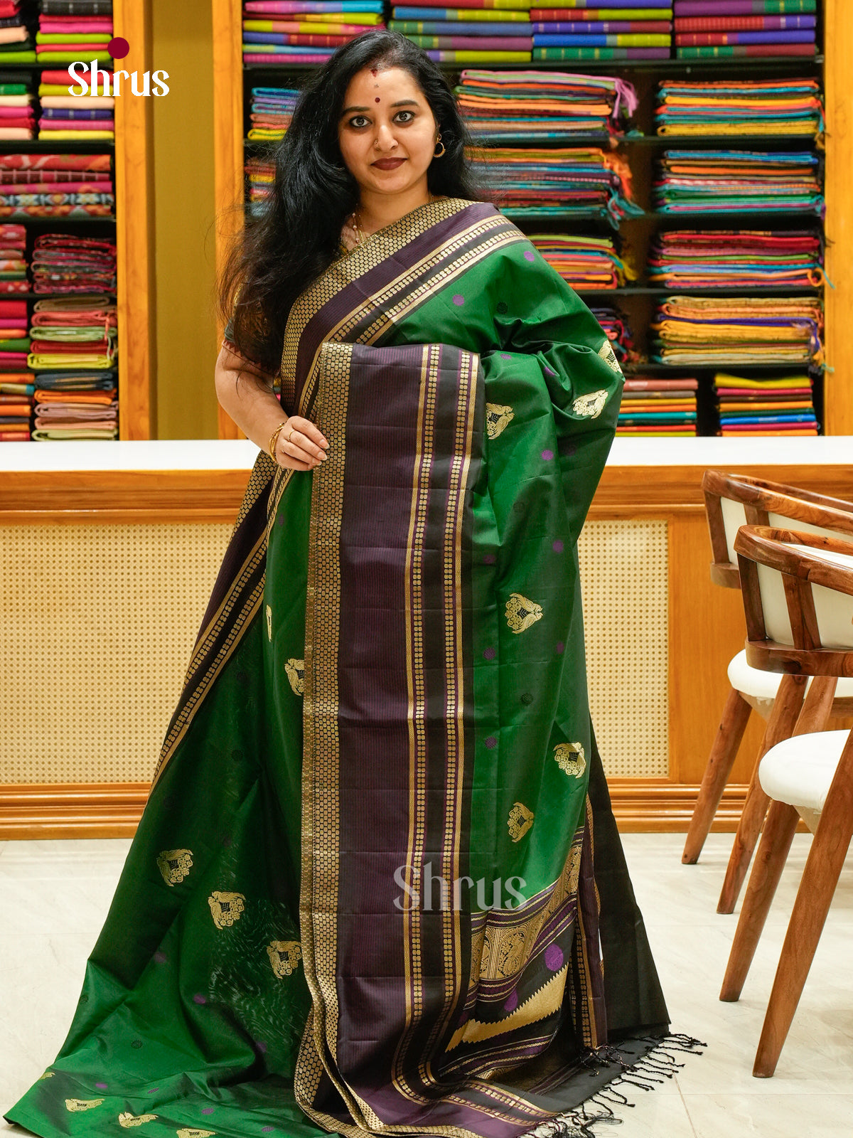 Dark Green Soft Silk Saree with Peacock Buttas | Black Self Border - Shop on Shrus.com