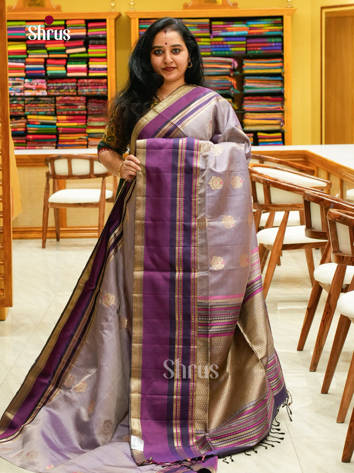 Purple Soft Silk Saree with Floral Buttas | Magenta Self Border - Shop on Shrus.com
