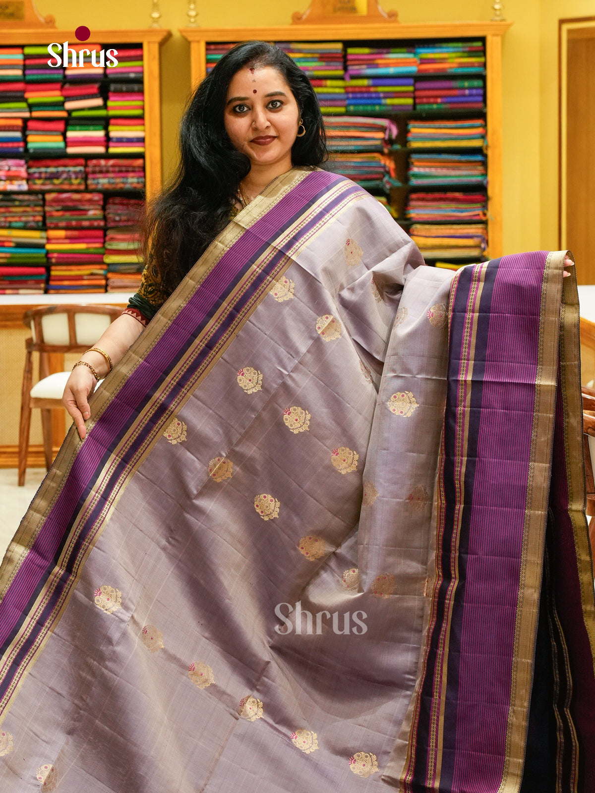 Purple Soft Silk Saree with Floral Buttas | Magenta Self Border - Shop on Shrus.com