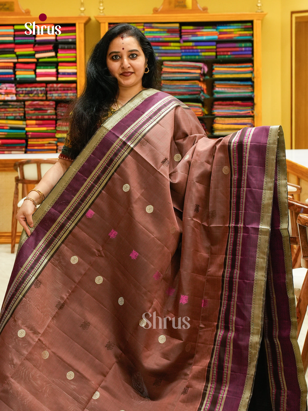 Brown Soft Silk Saree with Peacock Buttas | Magenta Self Border